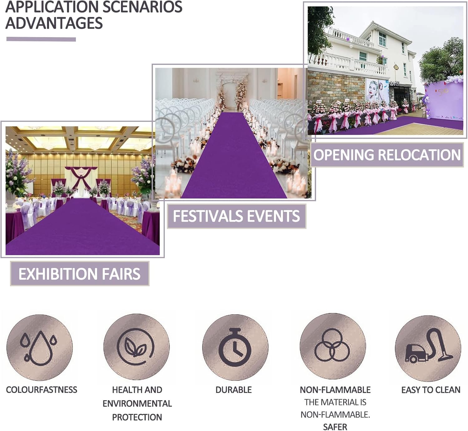 Purple Carpet Runners 2mm Wedding Aisle Runner Mat for Non-Slip Events