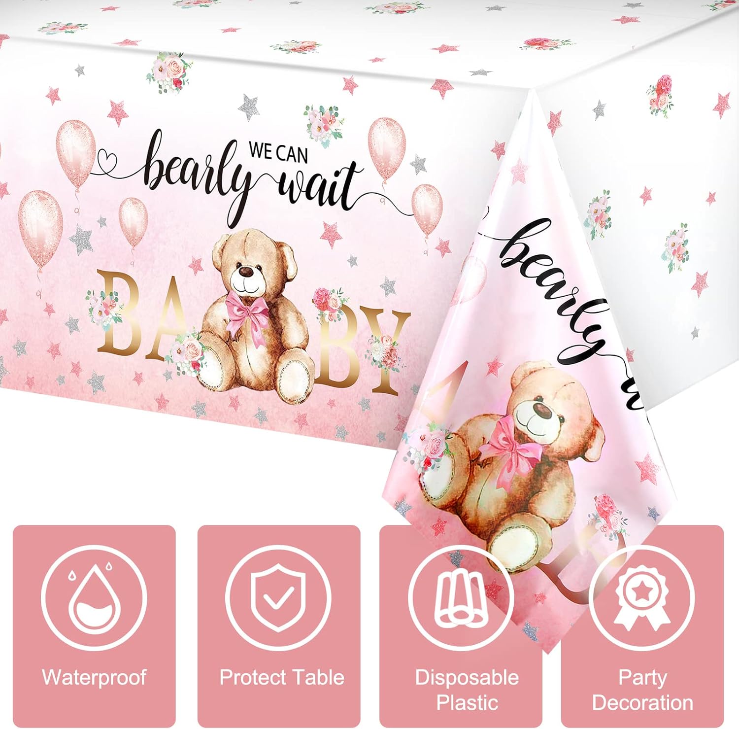 Tegeme Bear Baby Shower Tablecloth 54x108 Inch Pink 3 Pack