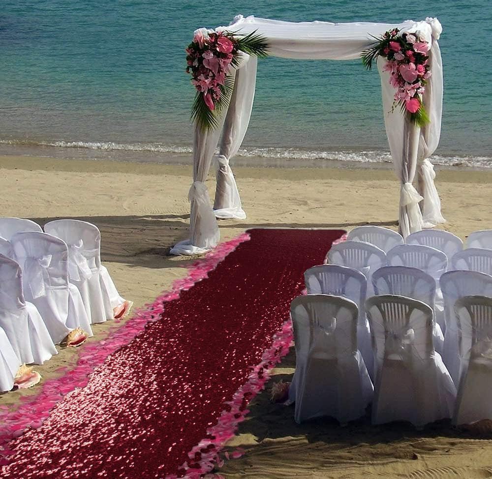 ShinyBeauty Sequin Aisle Runner Rug 4x15FT Sparkly Burgundy Carpet for Wedding and Party Decor