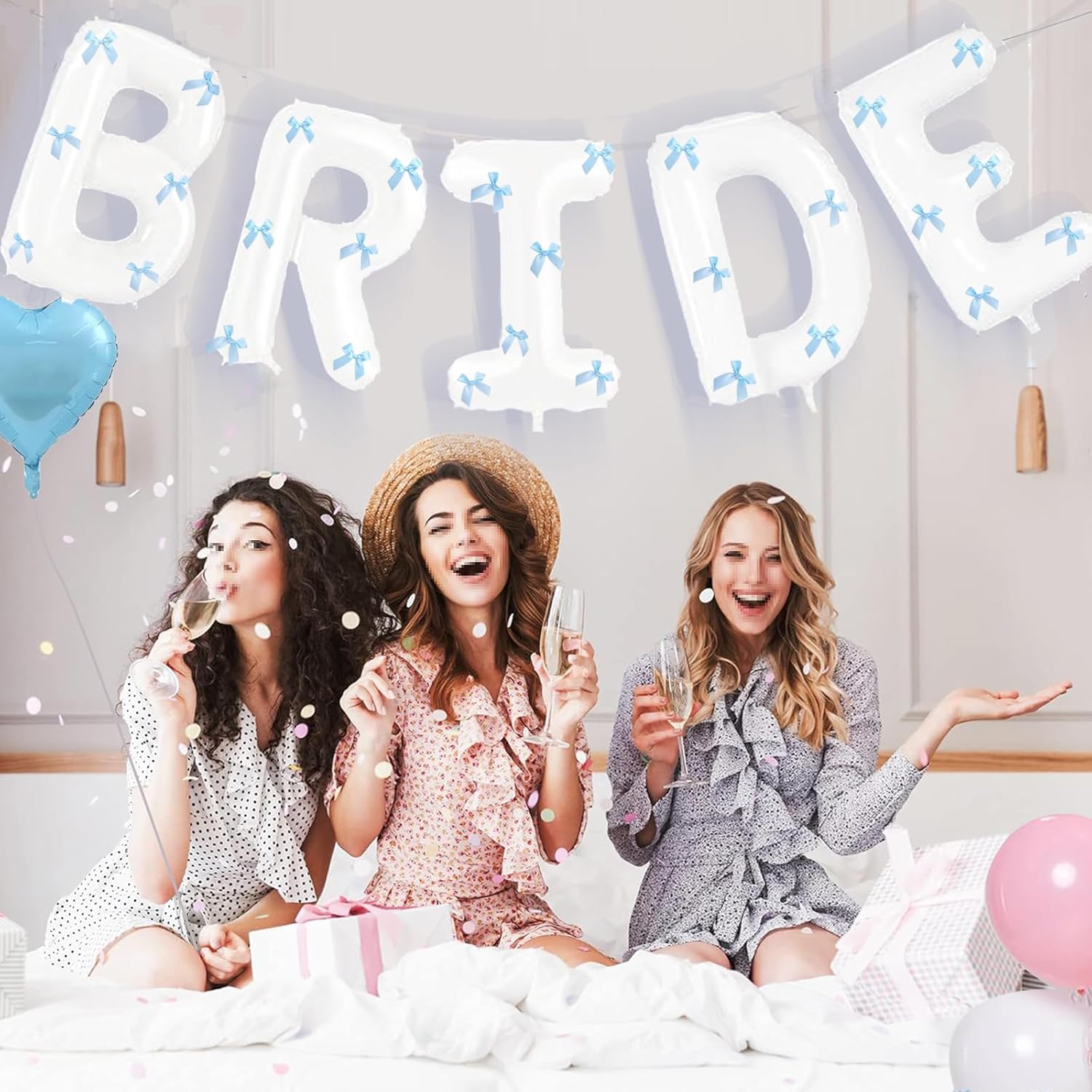 White Bride Balloons with Blue Bows and Iridescent Tattoos