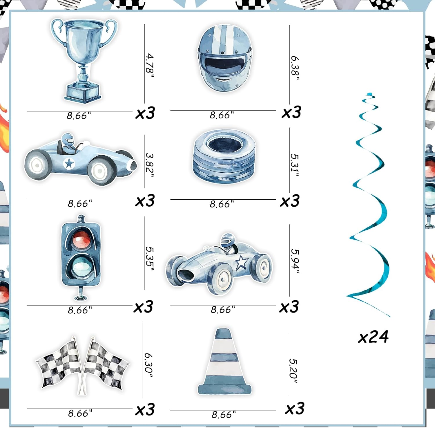 Funmemoir Blue Race Car Streamers - 24 Piece Set with Double Sided Print