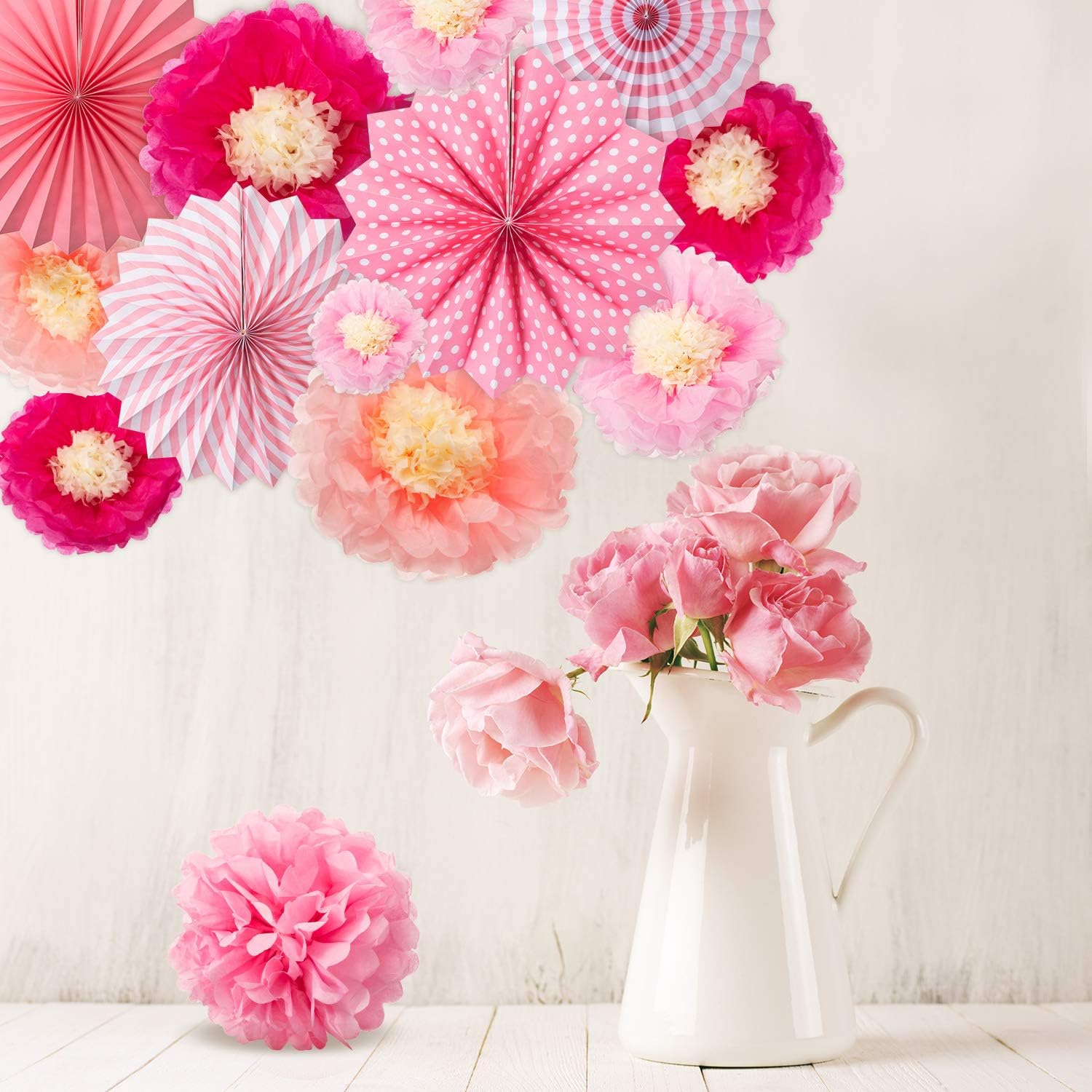 WILLBOND 24 Pcs Paper Fans Decoration Set Rose Pink