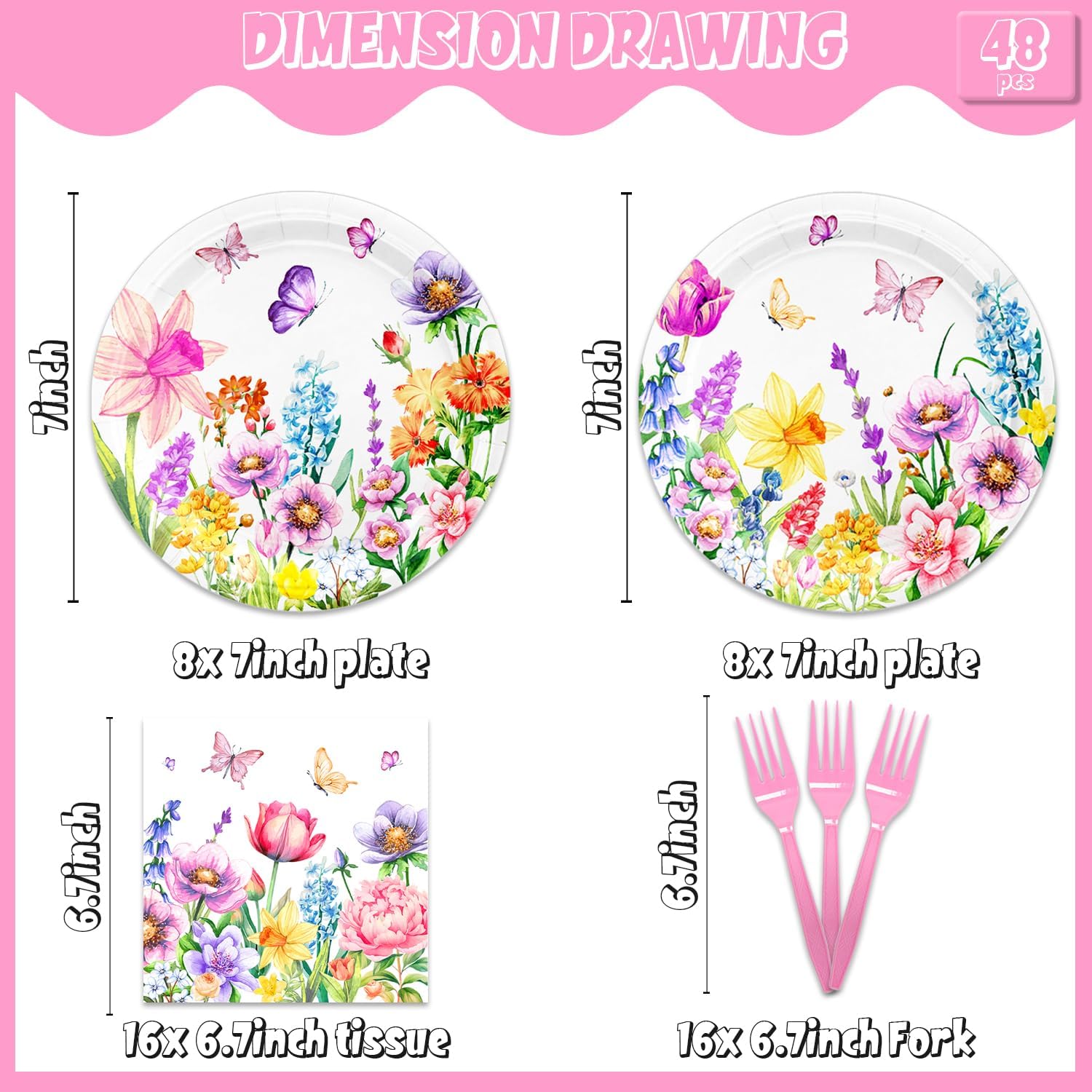 48Pcs Wild Floral Paper Plates Set for Party Decorations