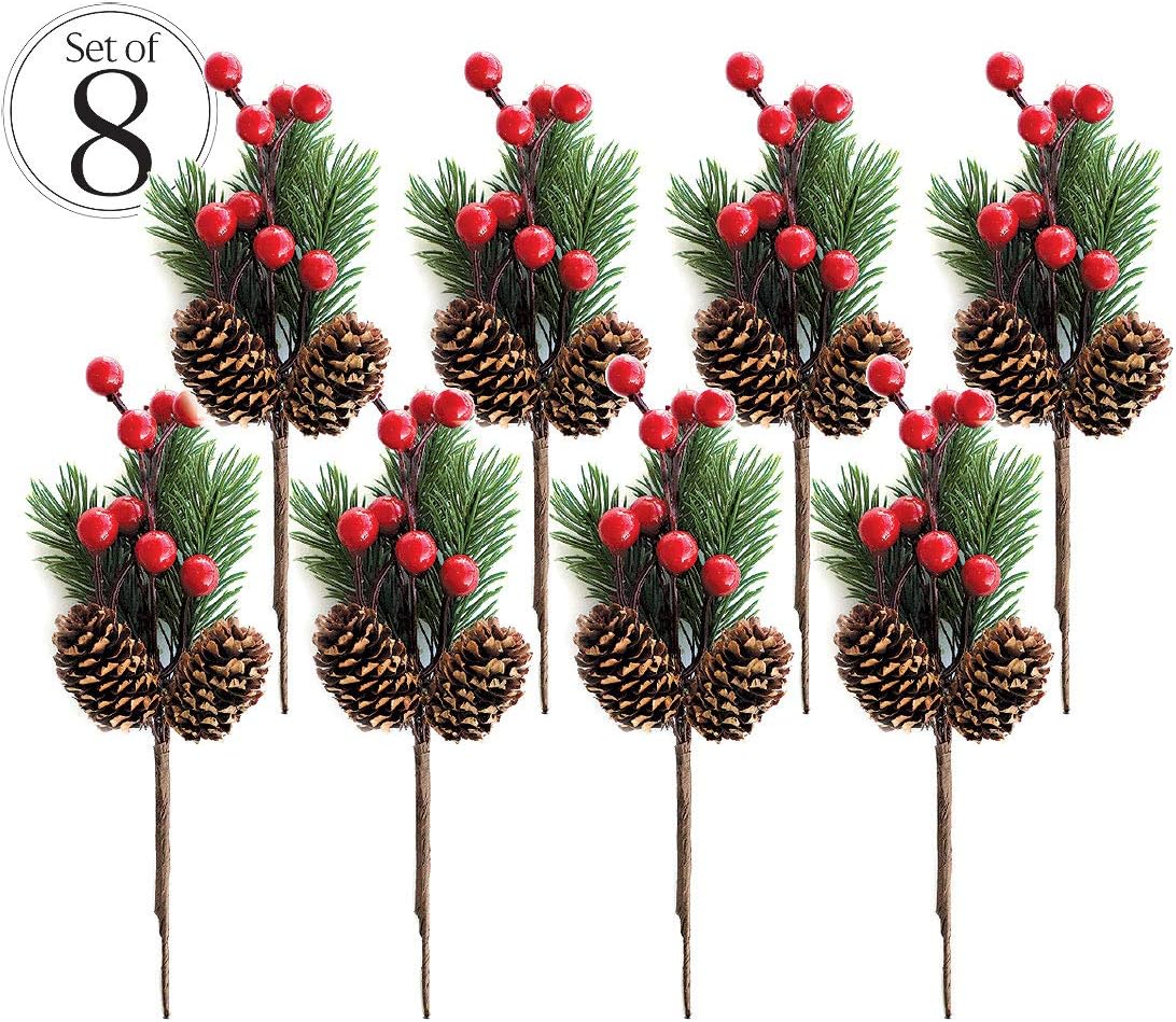 OLYPHAN Red Berry Pine Cones Decor Set of 8