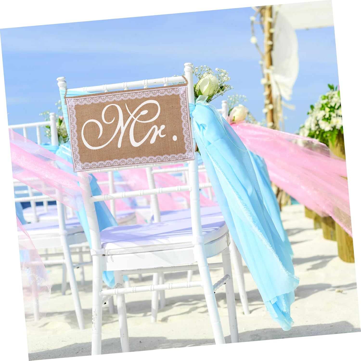 Jojofuny 2pcs Elegant Wedding Chair Sign Set Mr Mrs Burlap Decor with Lace Edging