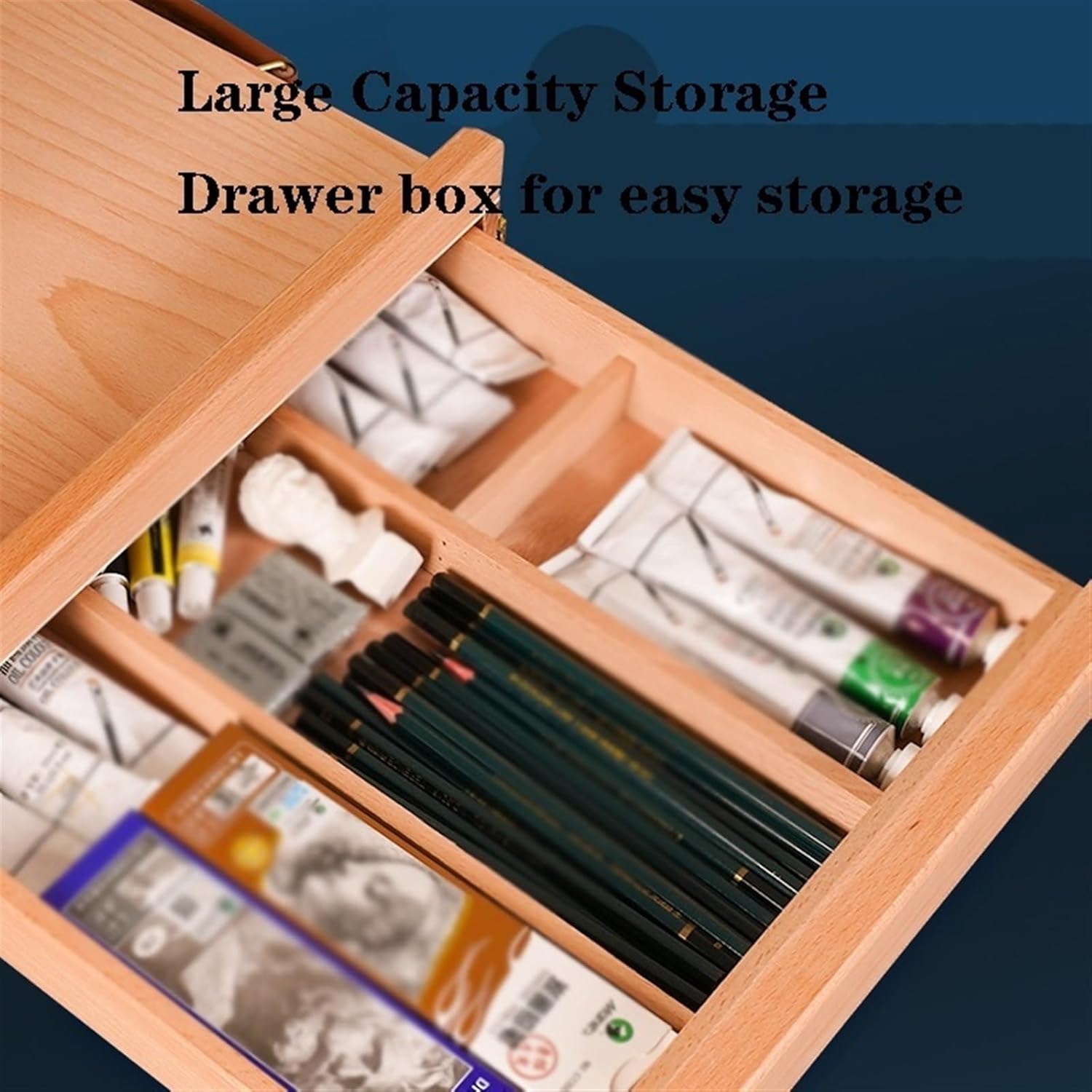 Wood Drawer Table Sketch Box Portable Art Storage Case with 4 Compartments