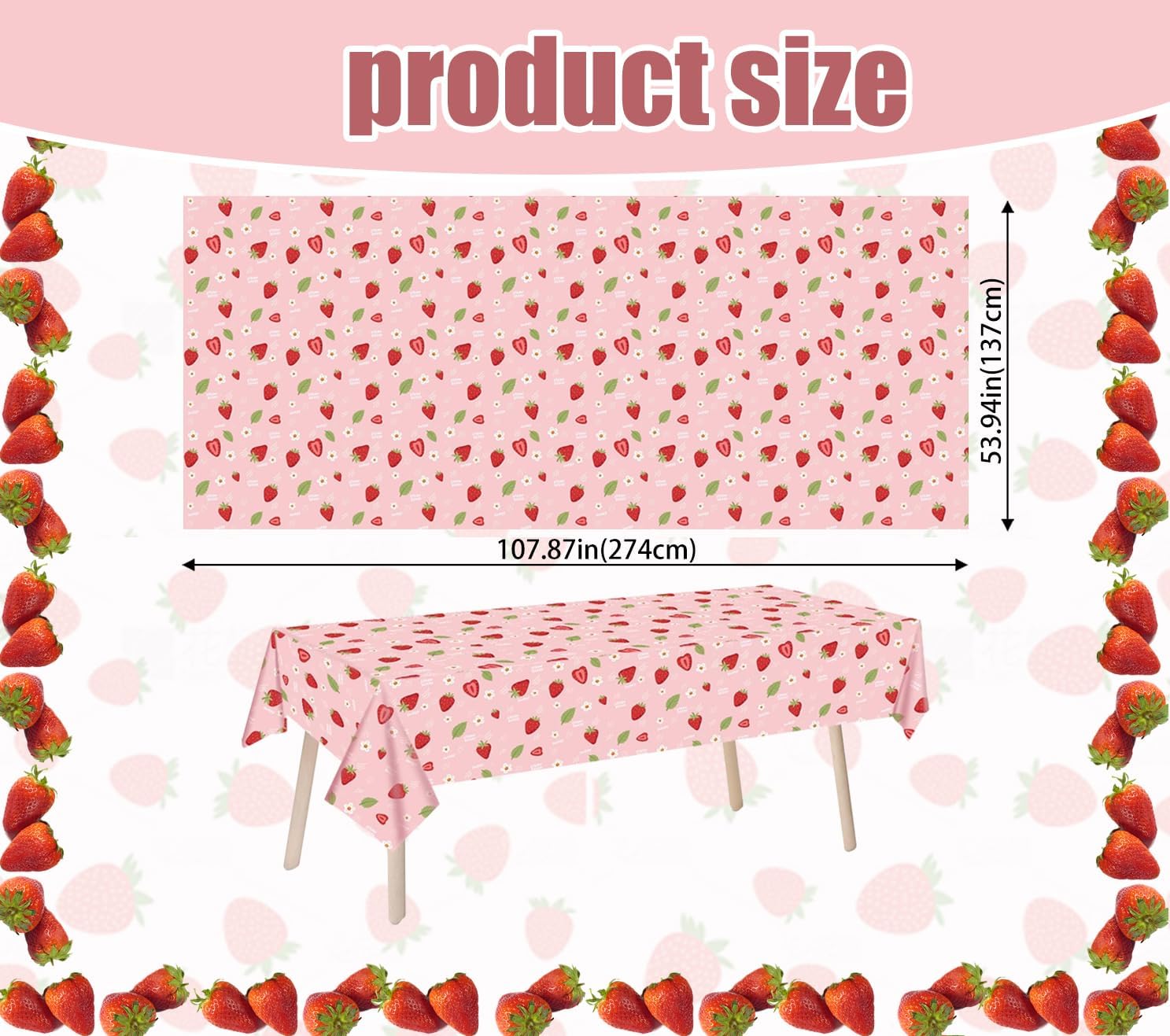 4 Pack Strawberry Theme Tablecloth Party Decorations for Girls Birthday Baby Shower 108 X 54 in