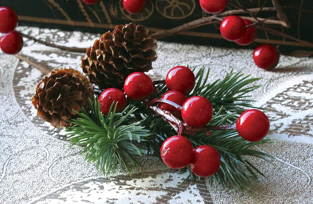 OLYPHAN Red Berry Pine Cones Decor Set of 8