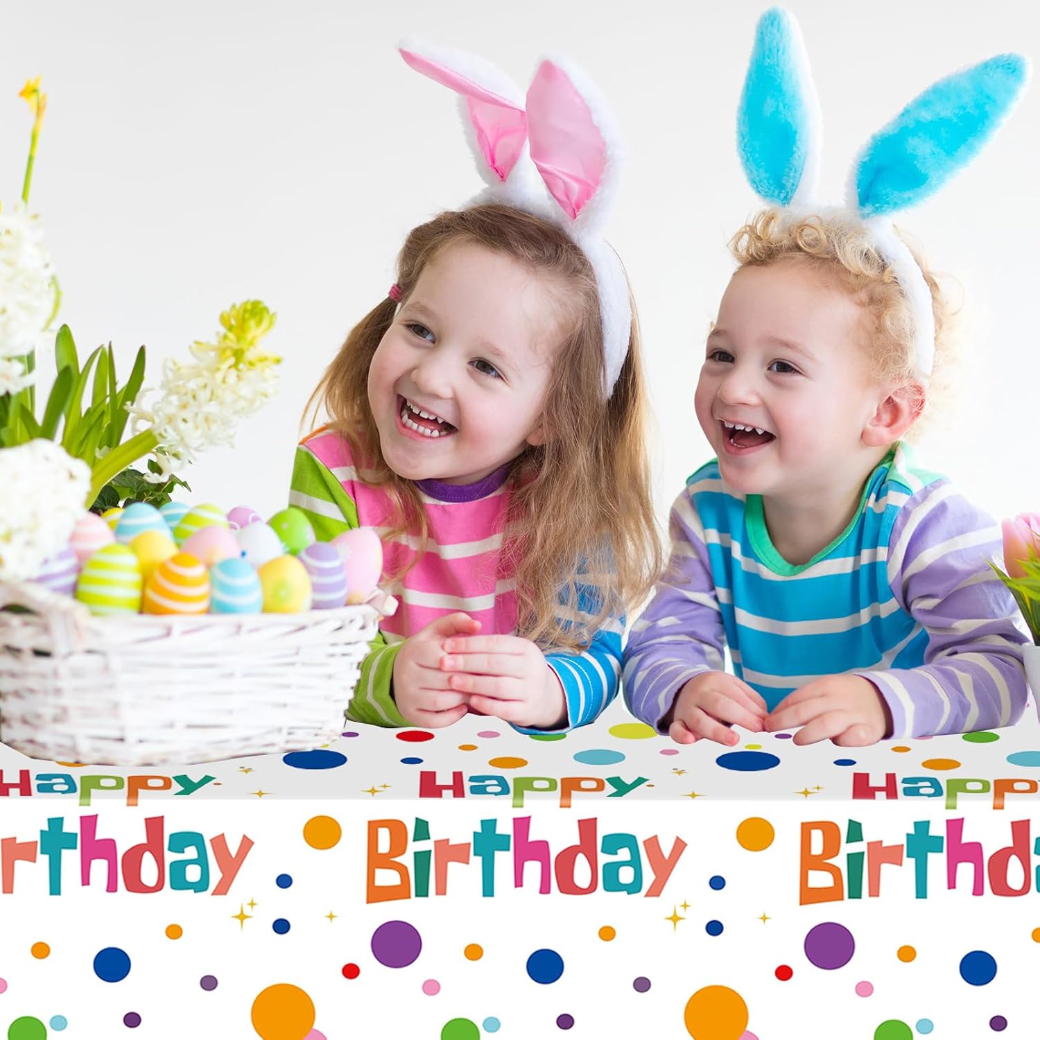 2PCS Happy Birthday Tablecloth Set 54X108inch Waterproof Plastic Table Covers with Colorful Polka Dots for Kids Parties