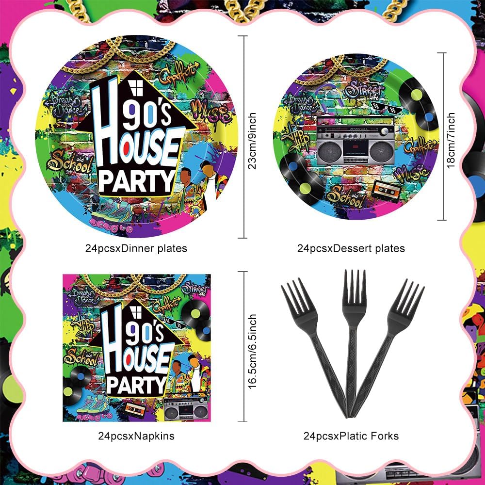 90s House Party Tableware Set 96 Pcs Retro Graffiti Disposable Plates Napkins Forks for 24 Guests