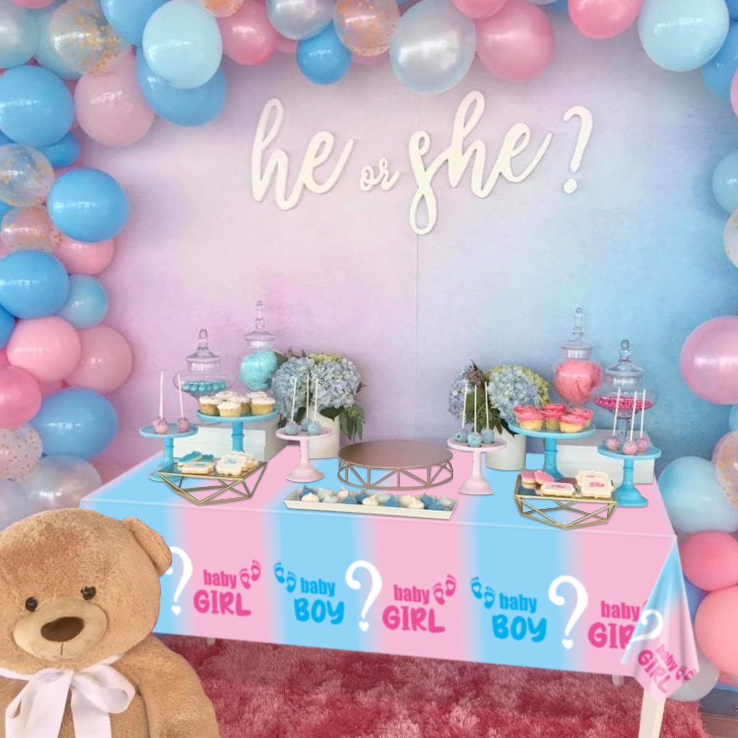 4Pcs Gender Reveal Tablecloth - Pink Blue Rectangular Table Cover for Baby Shower Decorations