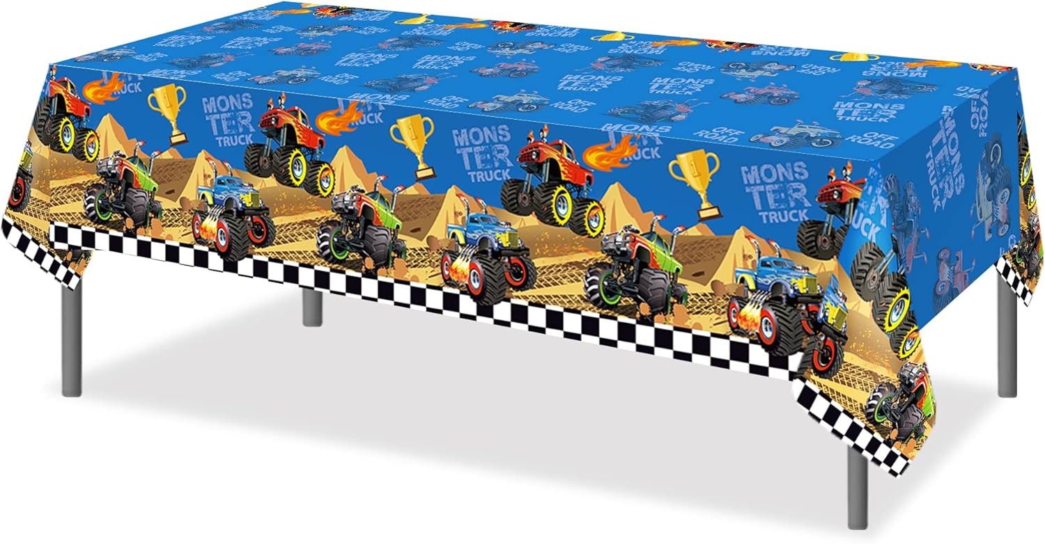 2 PCS Monster Truck Party Tablecloths 87 x 51 Rectangular Plastic Covers for Kids Parties and Decorations