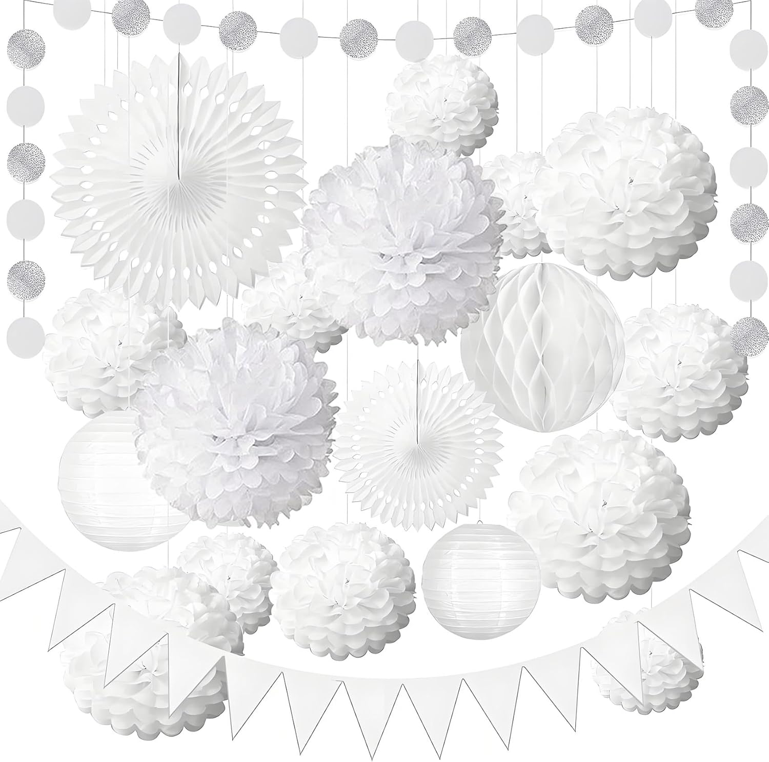 White Tissue Paper Pom Poms 12Pcs Hanging Decorations