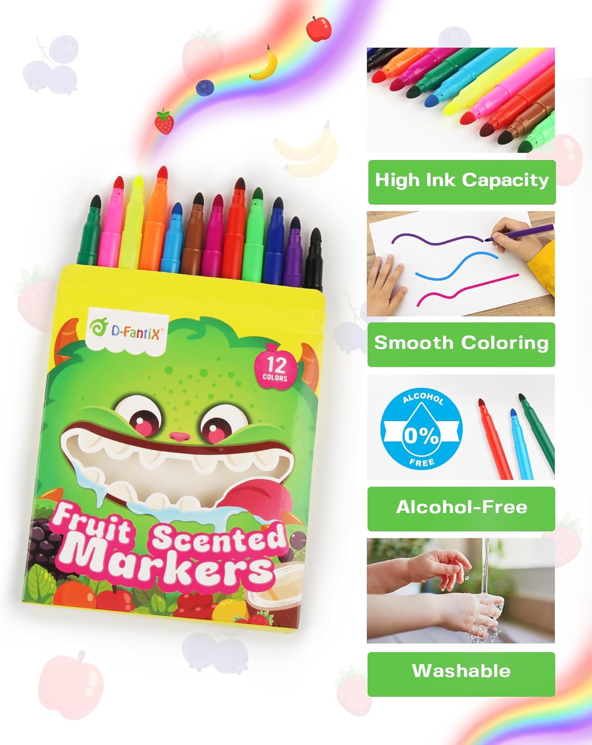 D-FantiX 12 Packs Fruit Scented Washable Markers for Kids