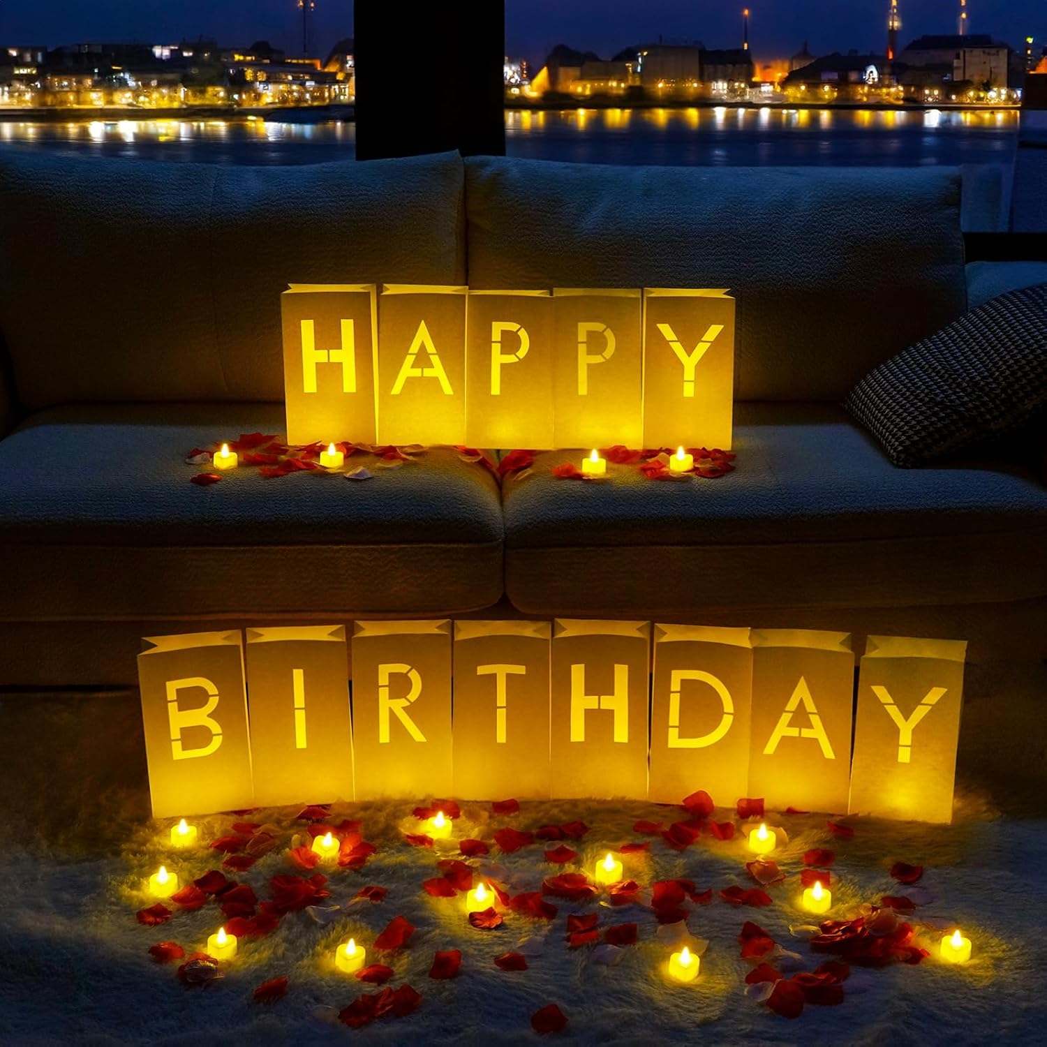 Homemory Happy Birthday Light Up Letters Luminary Bags with Flameless Candles and Fake Rose Petals