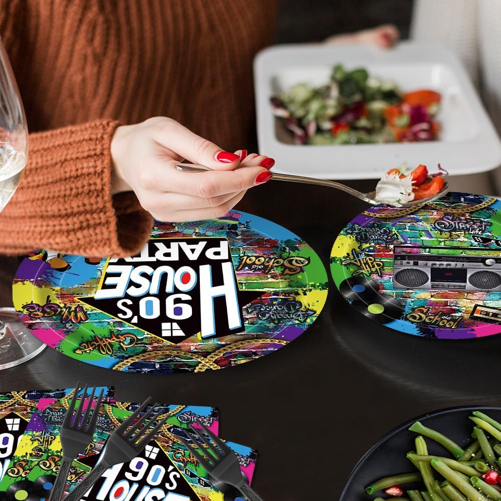 90s House Party Tableware Set 96 Pcs Retro Graffiti Disposable Plates Napkins Forks for 24 Guests