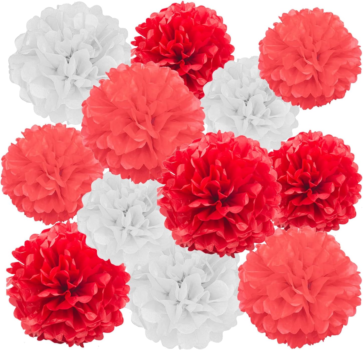 GAKA Red and White Tissue Paper Pom Poms 12Pcs Decorations