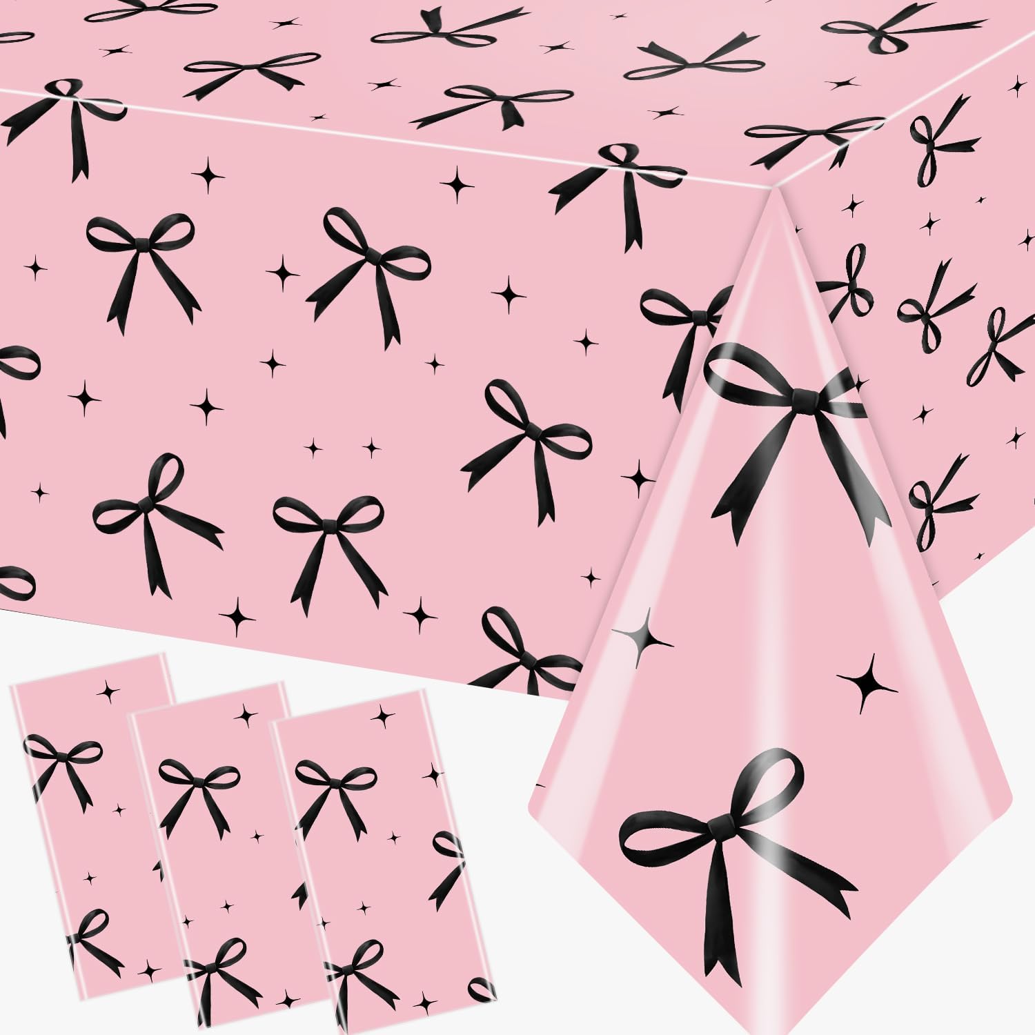 3Pcs Pink Black Bow Tablecloth for Parties
