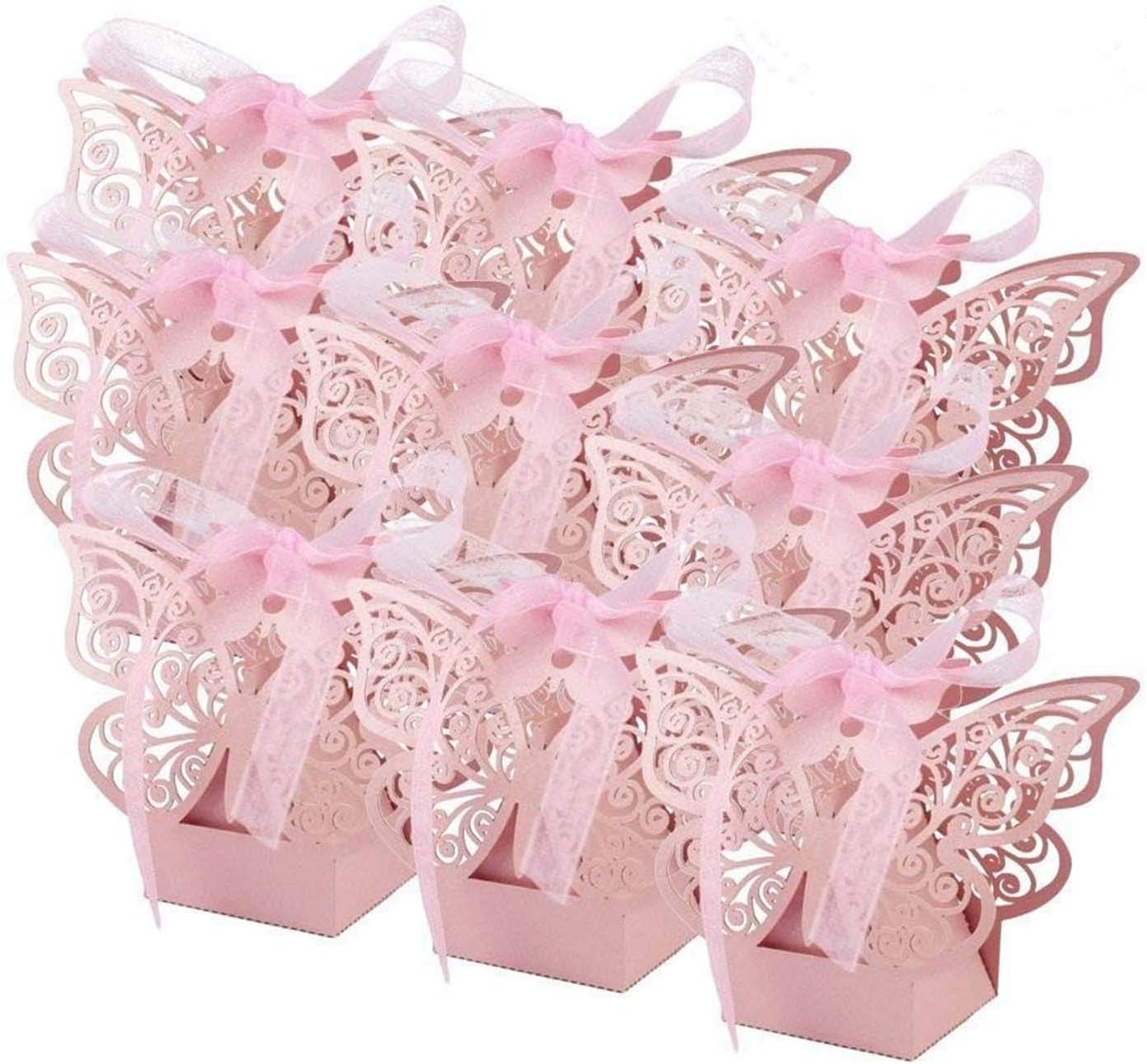 JANOU 24pcs Butterfly Candy Boxes DIY Paper Box with Ribbons Pink