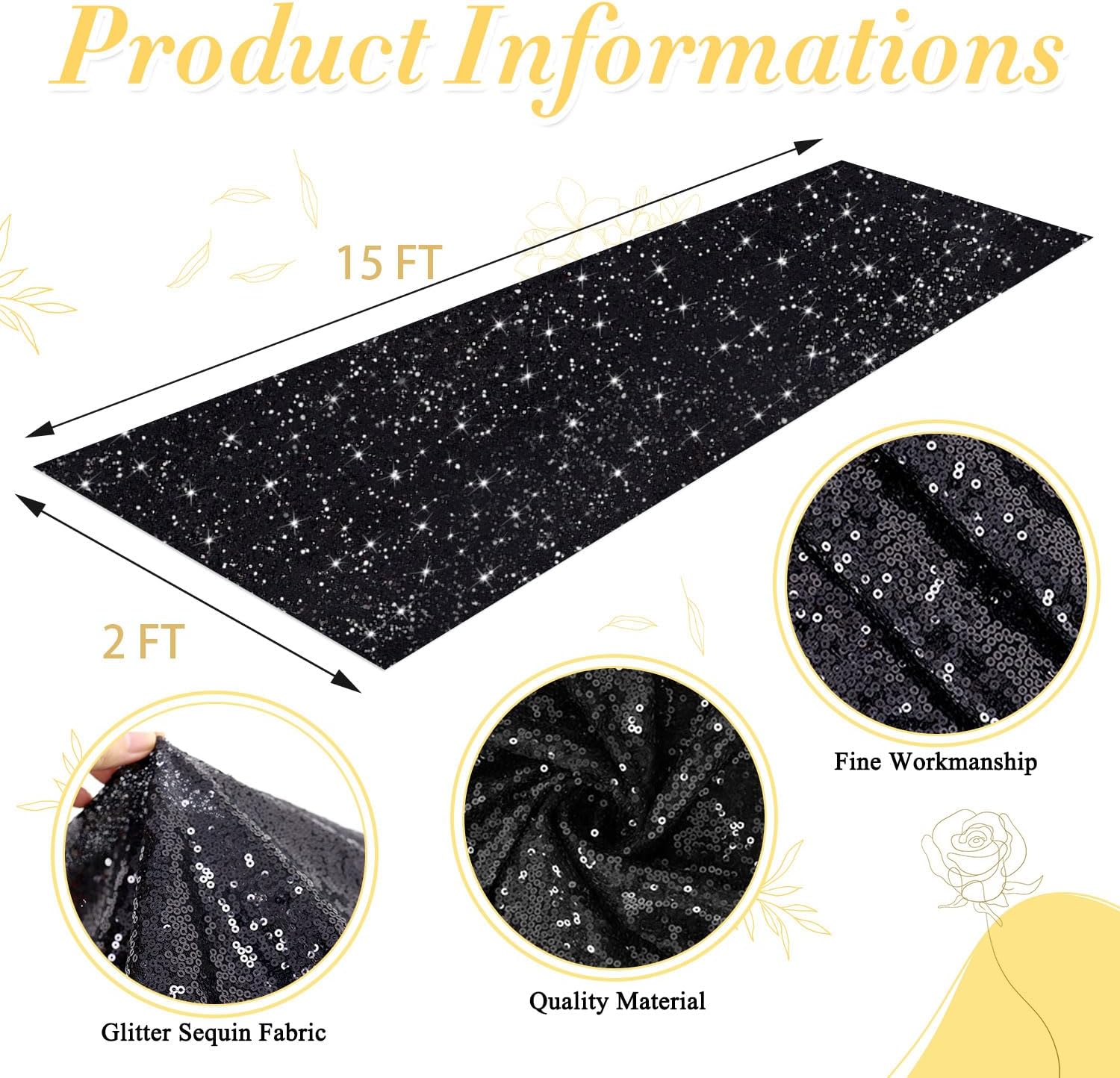 Black Sequin Aisle Runner 2FTx15FT Wedding Decor