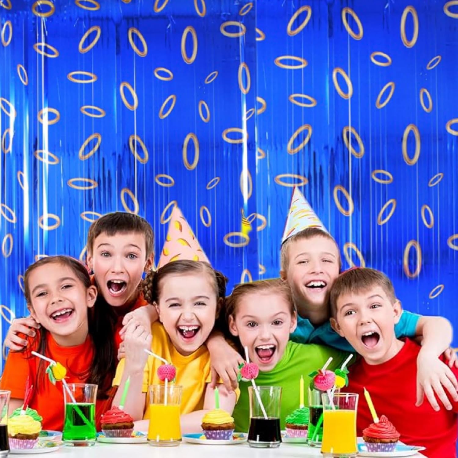 Blue and Gold Ring Foil Fringe Curtains Backdrop for Birthday Party Decorations