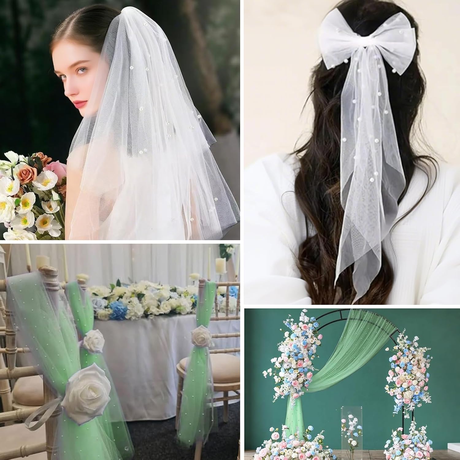 Set of 6 Pearl Table Runner White 10ft Tulle Chiffon