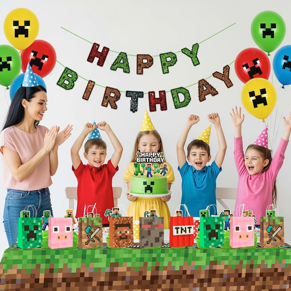 Pixel Party Favors Bulk Set - 12 Pcs Goodie Bags and 2 Pcs Tablecloth for Mining Birthday Party 1