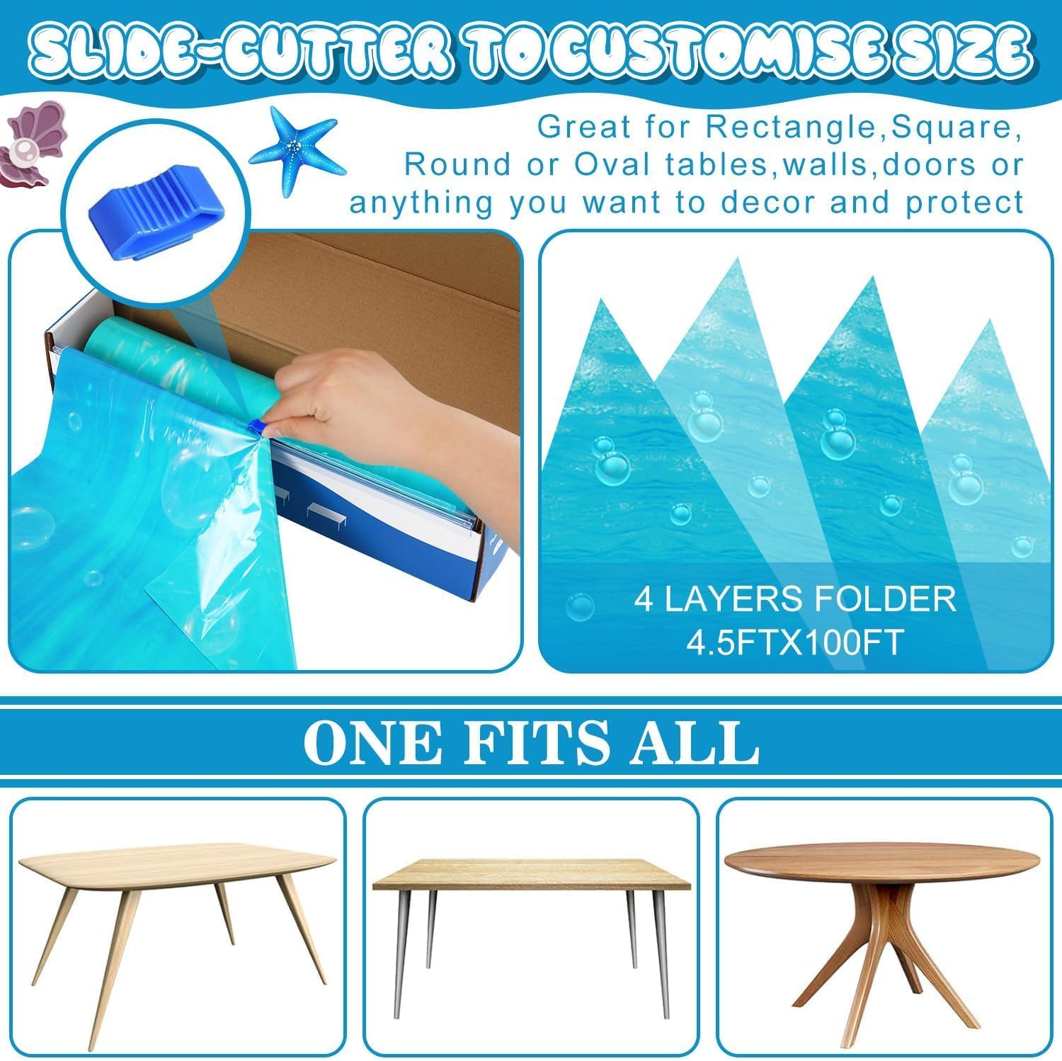 FULJOOY 1200x54 Inch Ocean Themed Table Cover with Slide Cutter Box