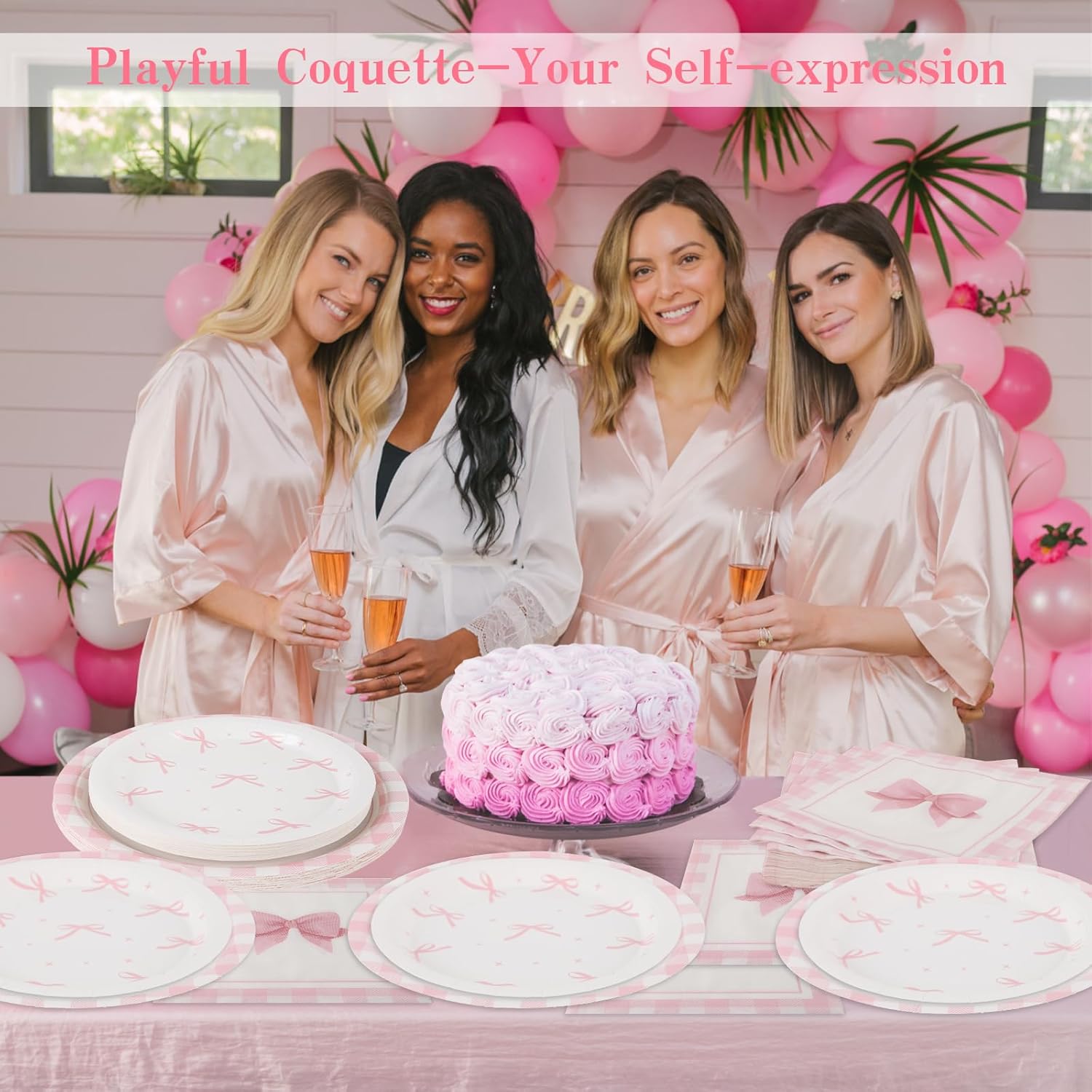 60PCS Pink Bow Party Supplies Set for 20 Guests