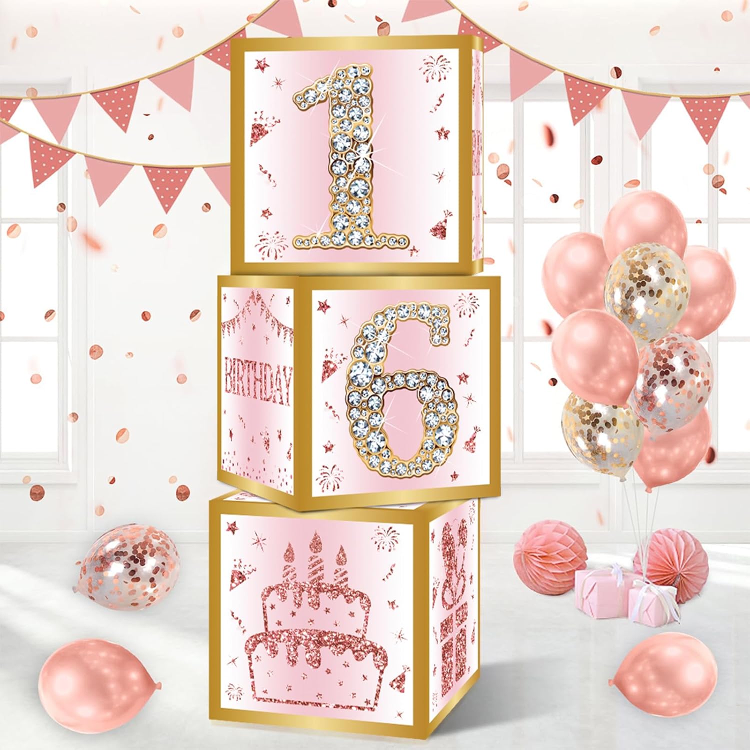 Birthday Decorations Boxes With 0-9 Numbers 3PCS Pink Rose Gold Happy Birthday Balloons Boxes