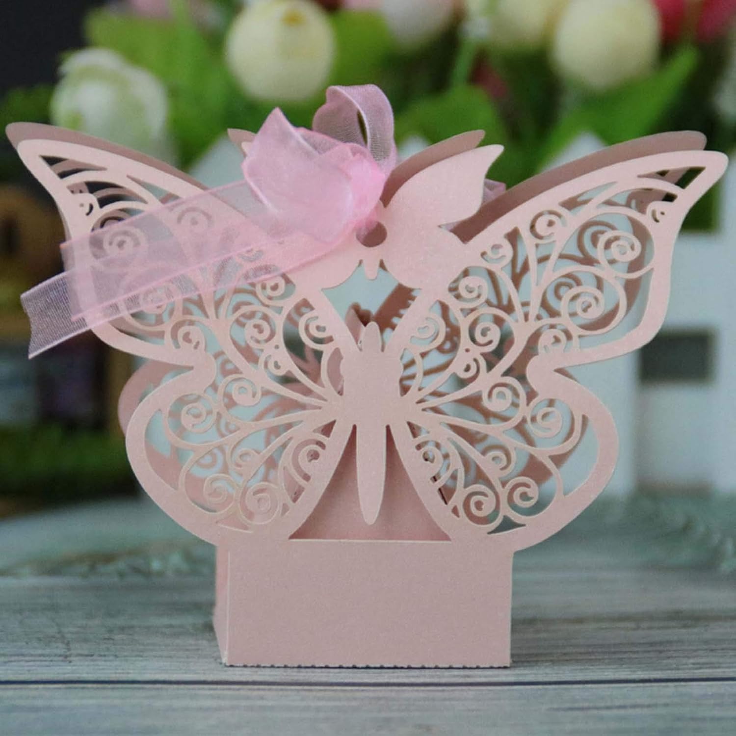 JANOU 24pcs Butterfly Candy Boxes DIY Paper Box with Ribbons Pink