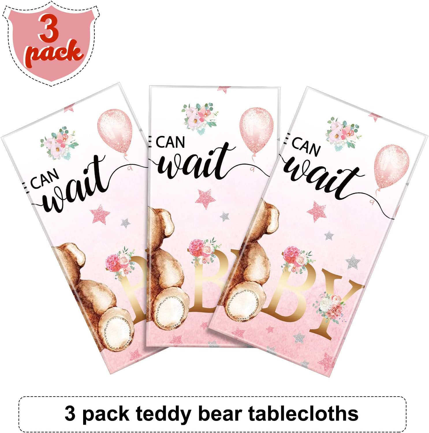 Tegeme Bear Baby Shower Tablecloth 54x108 Inch Pink 3 Pack