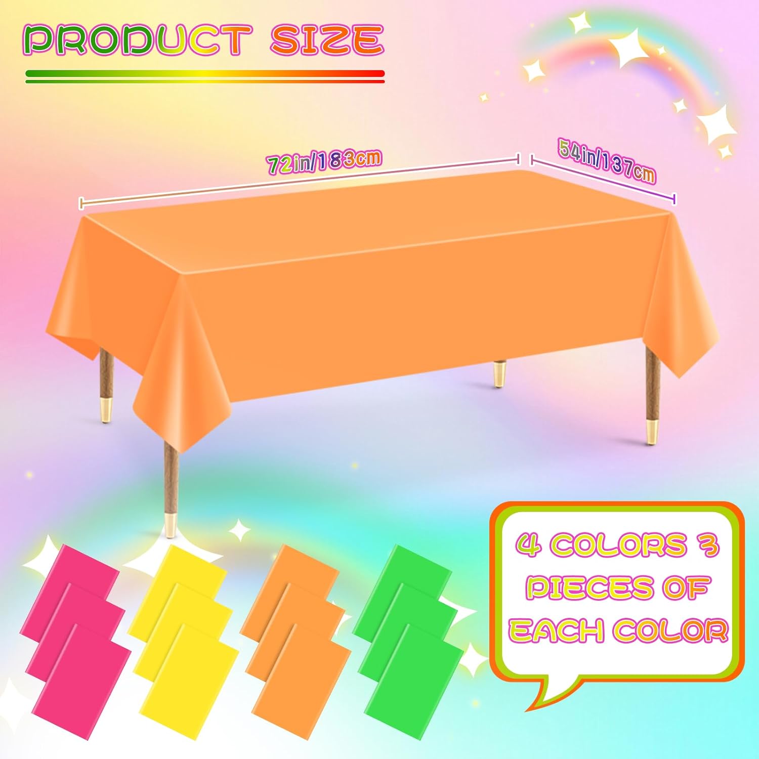 12 Pack Assorted Neon Rainbow Tablecloths 54x72 Inch