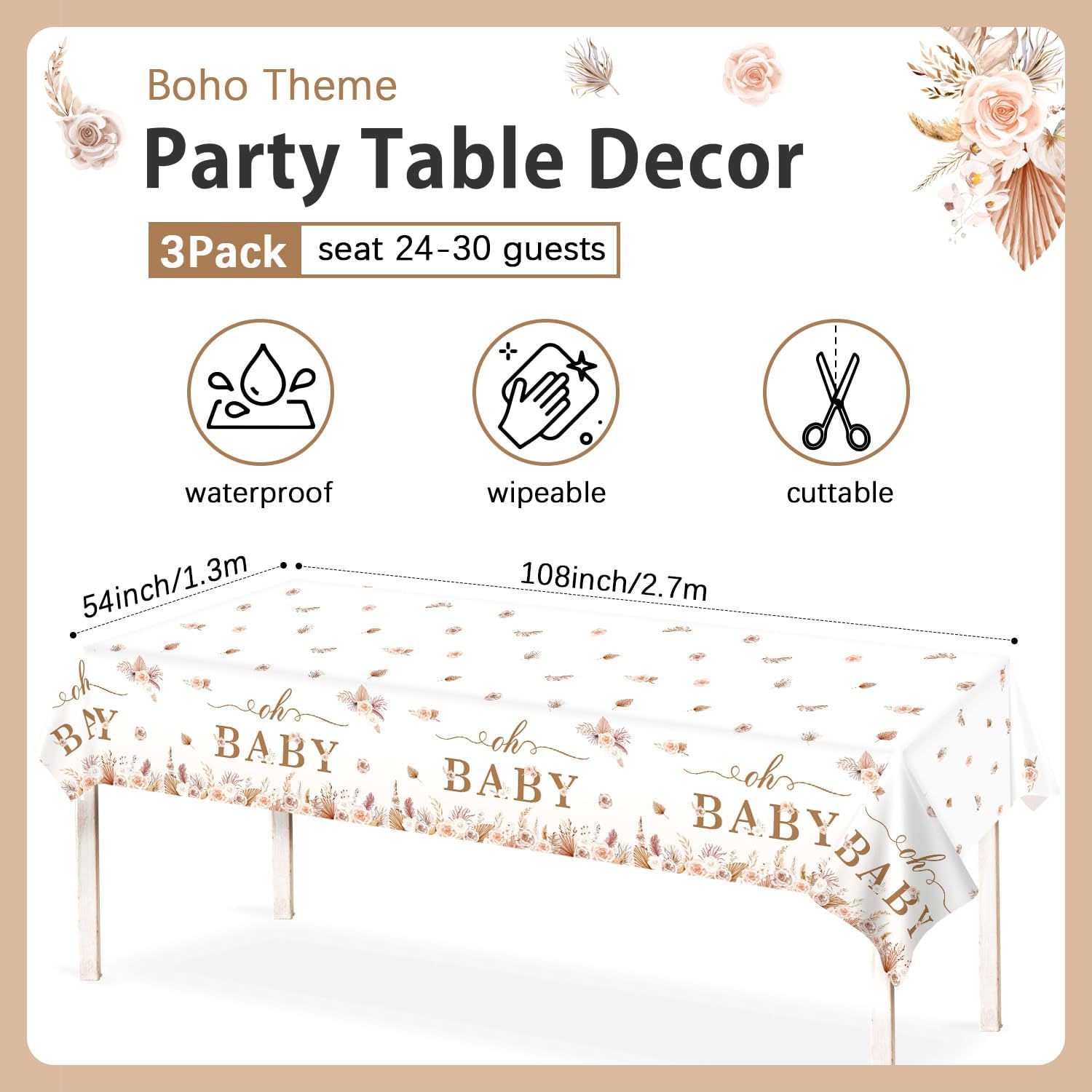 3Pcs Boho Baby Shower Tablecloths Floral Oh Baby Set