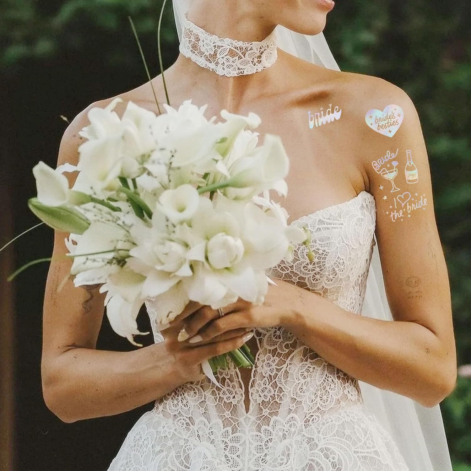 White Bride Balloons with Blue Bows and Iridescent Tattoos