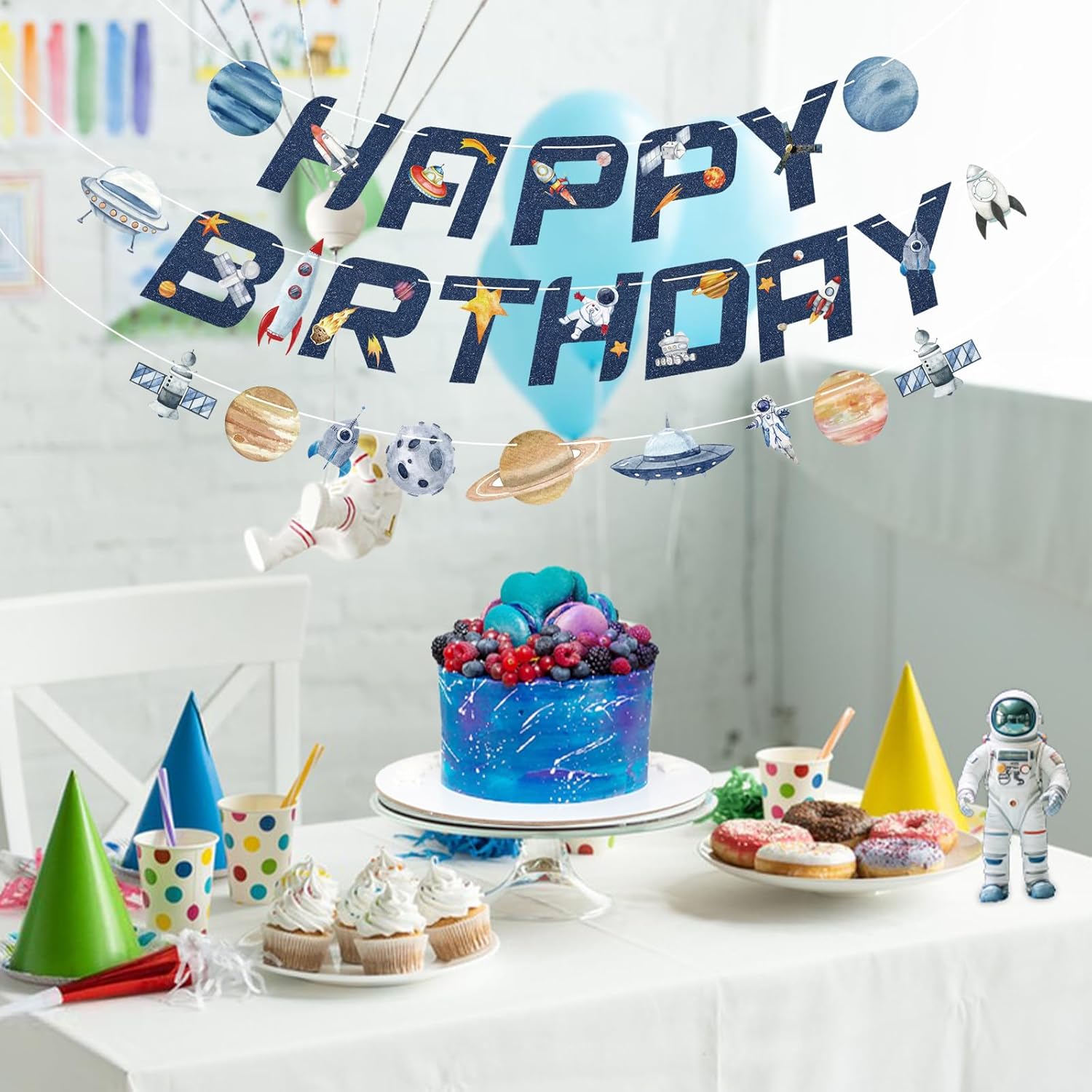 Universe Space Birthday Banner with Planets Rockets