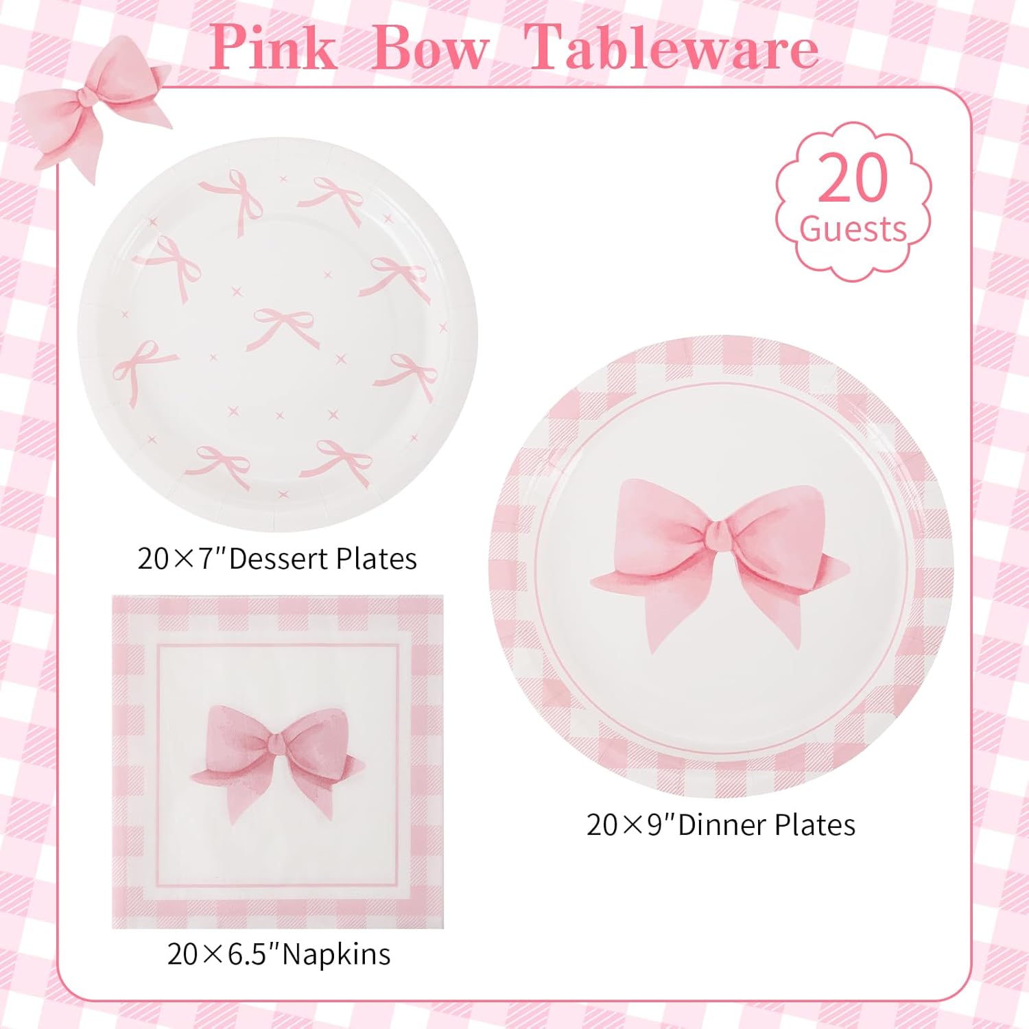 60PCS Pink Bow Party Supplies Set for 20 Guests