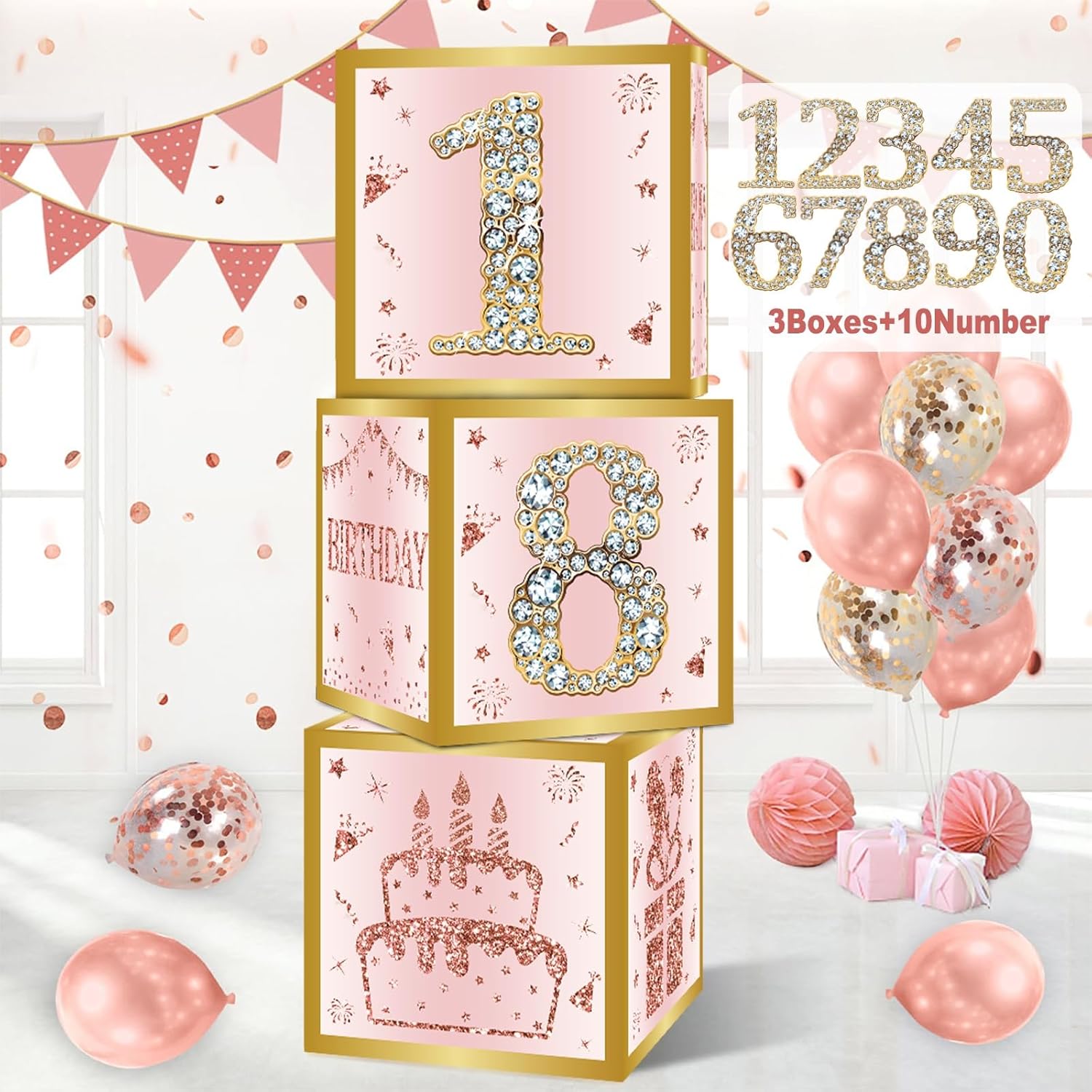 Birthday Decorations Boxes With 0-9 Numbers 3PCS Pink Rose Gold Happy Birthday Balloons Boxes