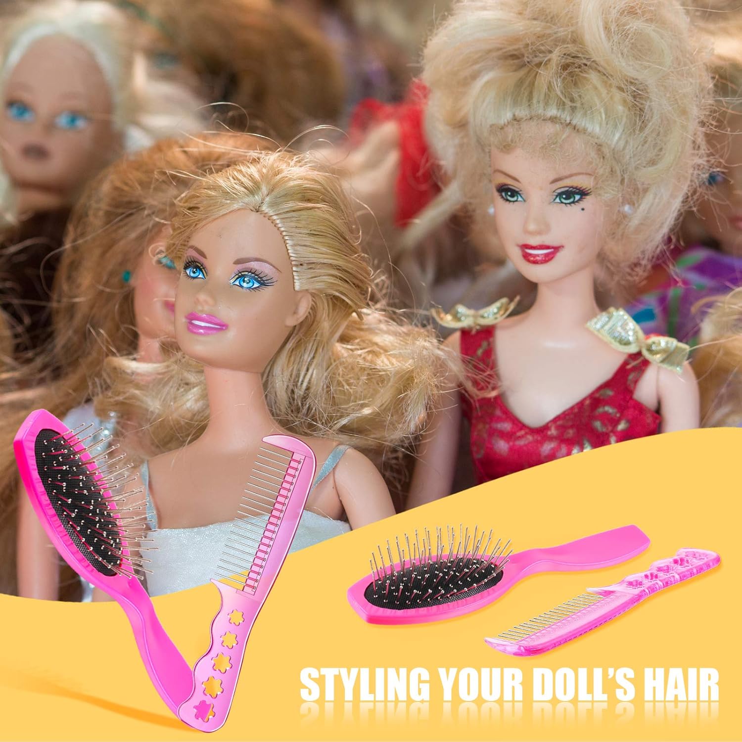 Patelai 4 Piece Plastic Pink Doll Hair Brush Set