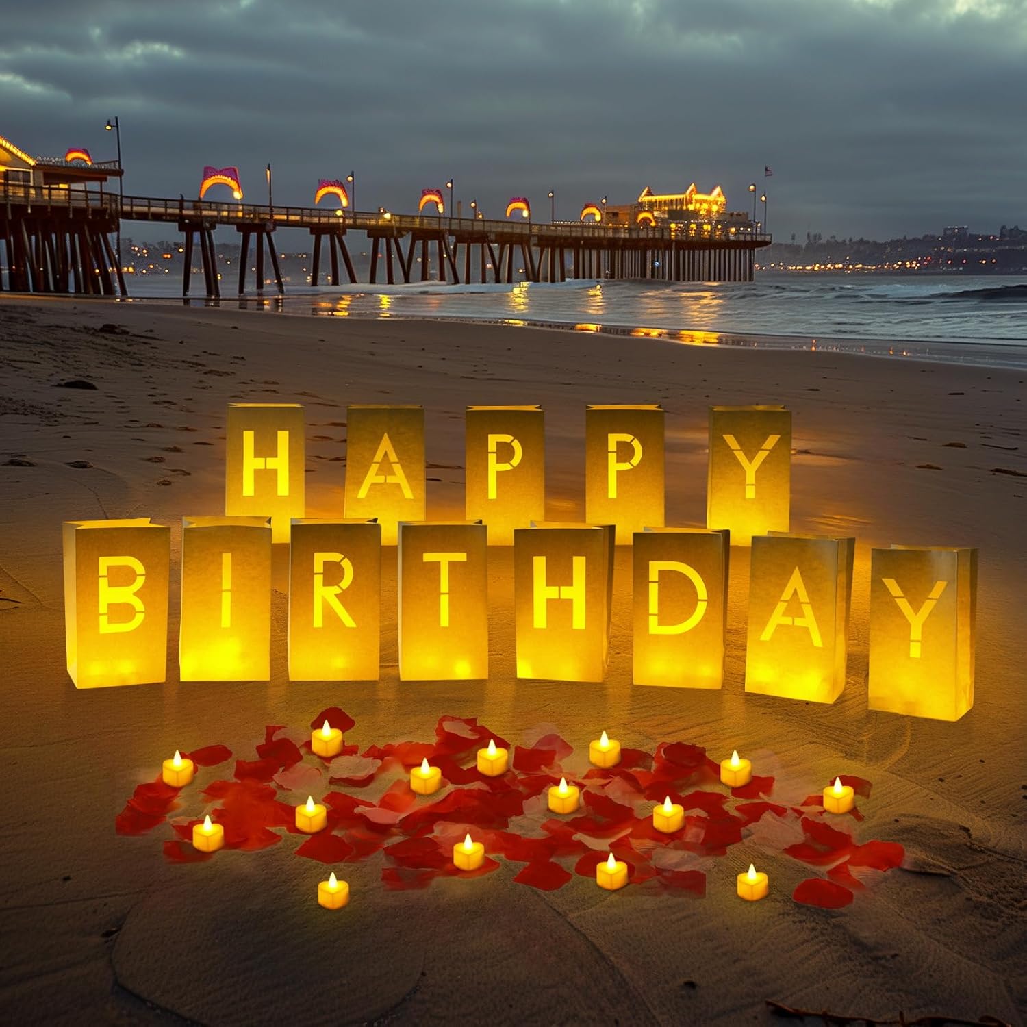 Homemory Happy Birthday Light Up Letters Luminary Bags with Flameless Candles and Fake Rose Petals