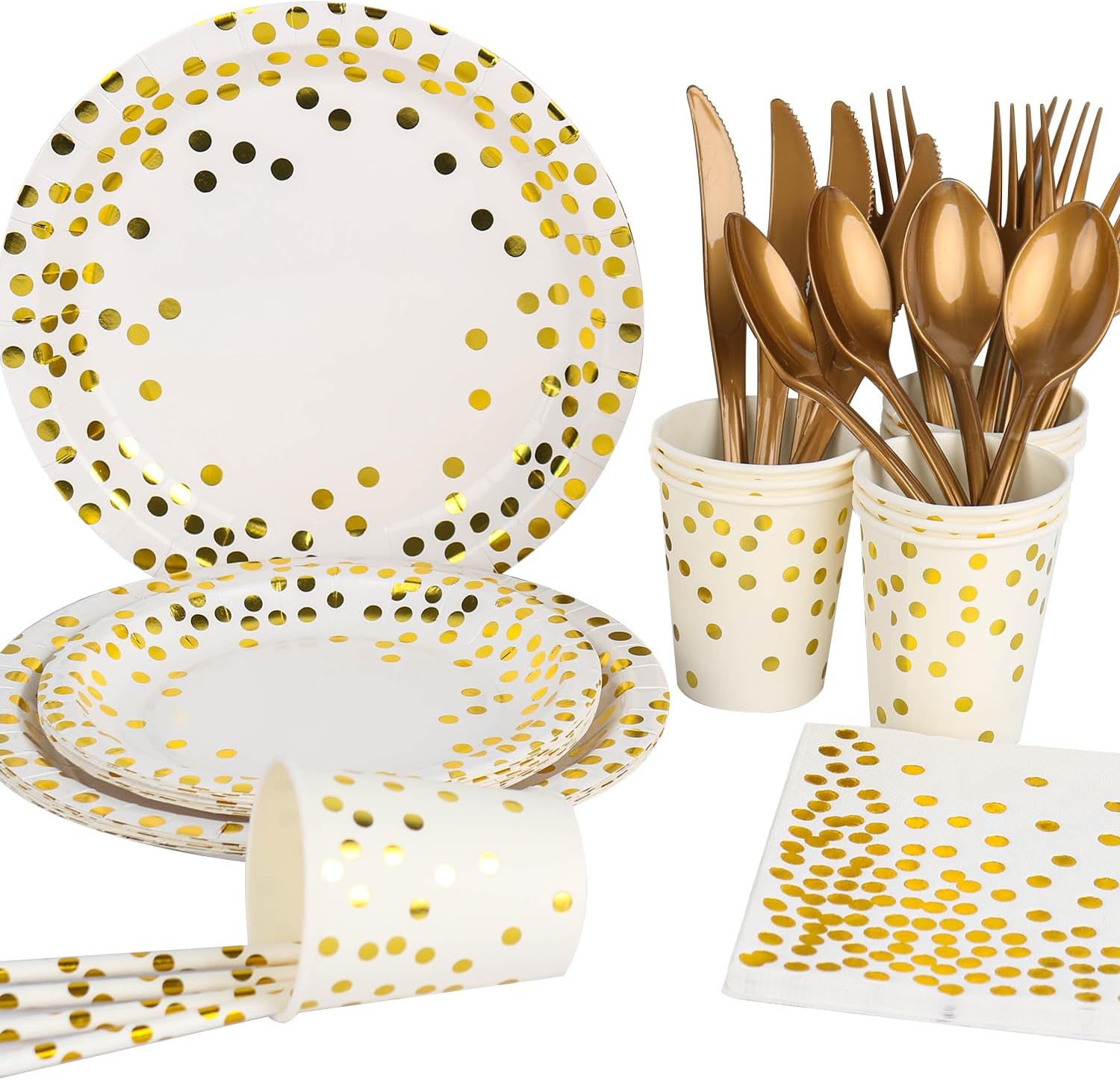 201PCS White Gold Polka Dot Party Supplies for 25 Guests