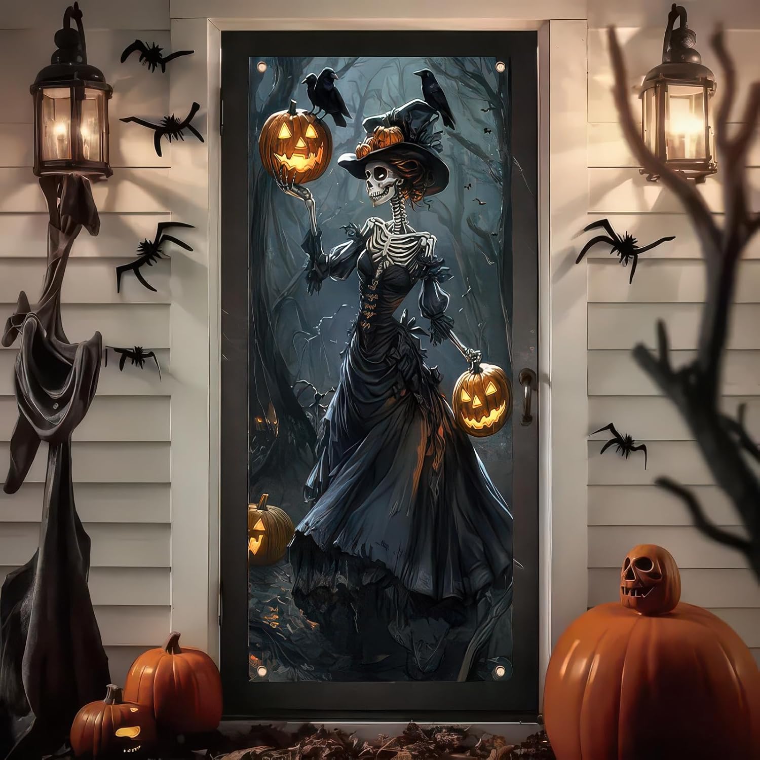 Skeleton Witch Halloween Door Cover 35x71 Inch