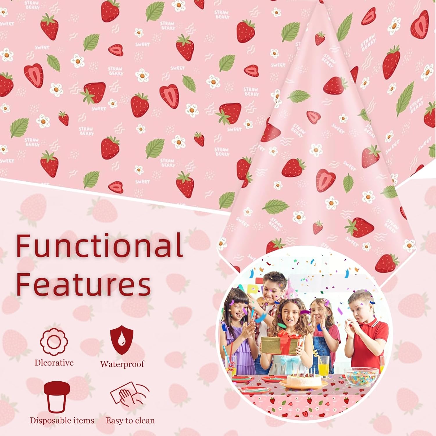 4 Pack Strawberry Theme Tablecloth Party Decorations for Girls Birthday Baby Shower 108 X 54 in