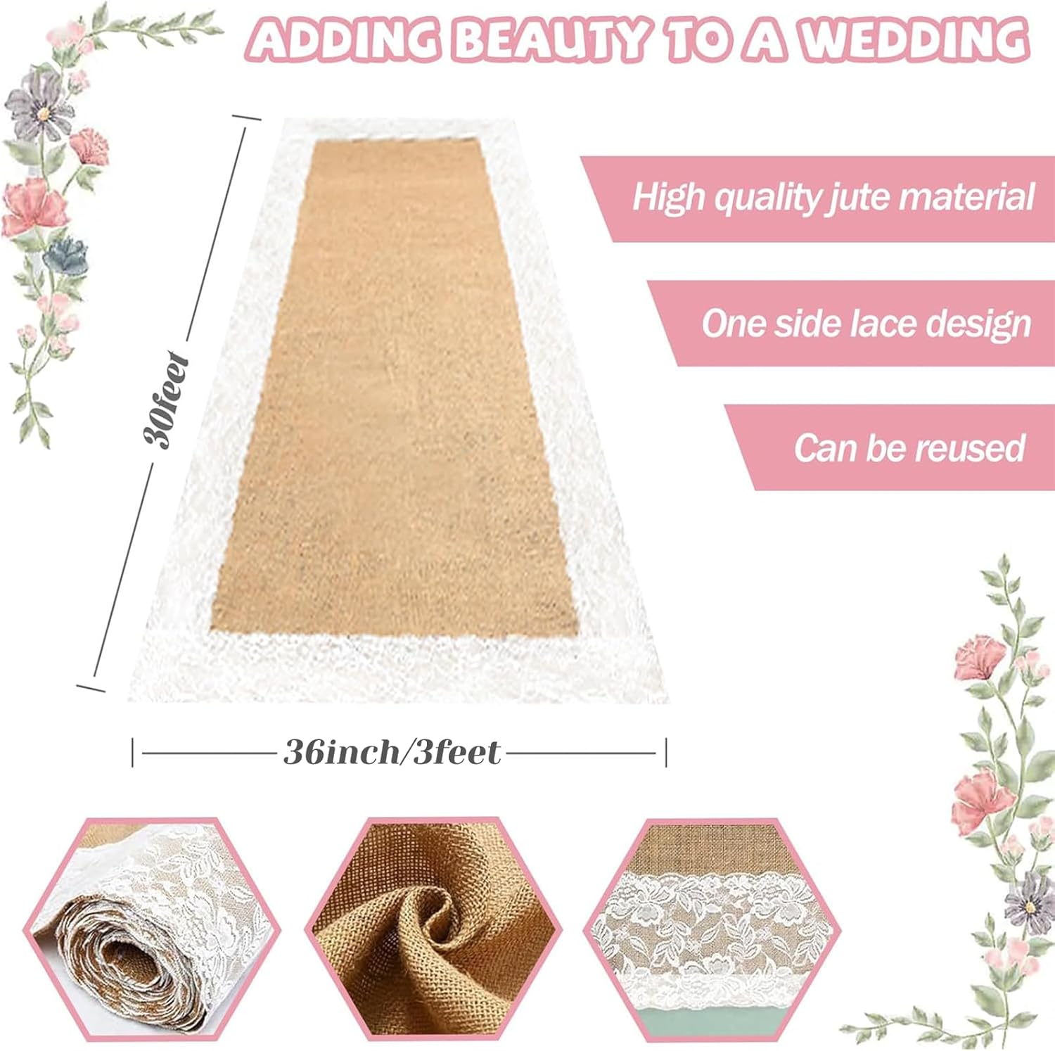 Natural Burlap Wedding Aisle Runner 3ft x 30ft