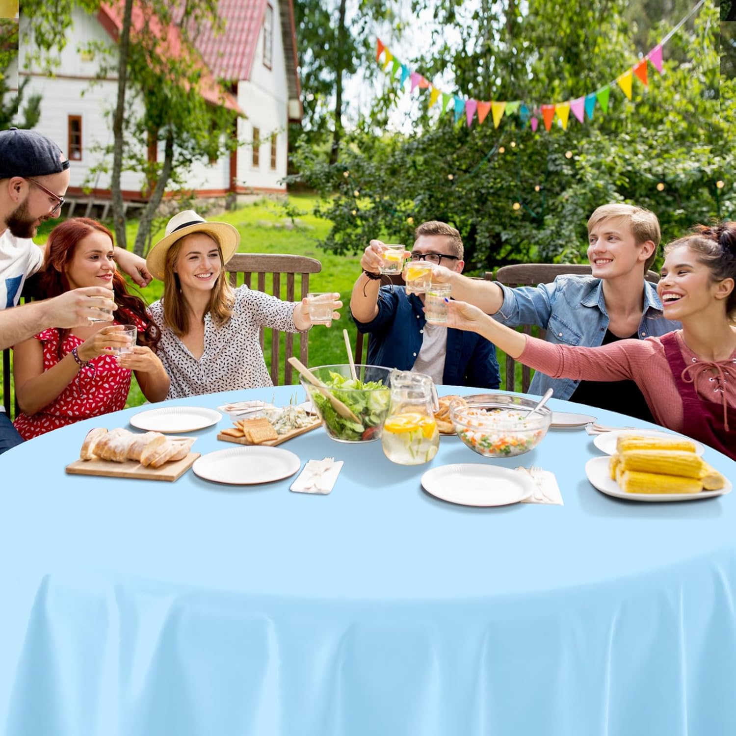 16 Pack Light Blue Plastic Tablecloth for 84 Inch Round Tables