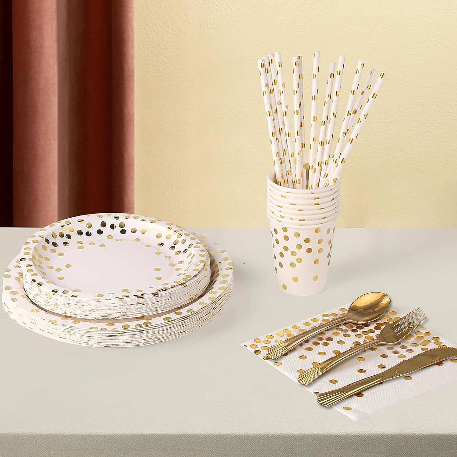 201PCS White Gold Polka Dot Party Supplies for 25 Guests