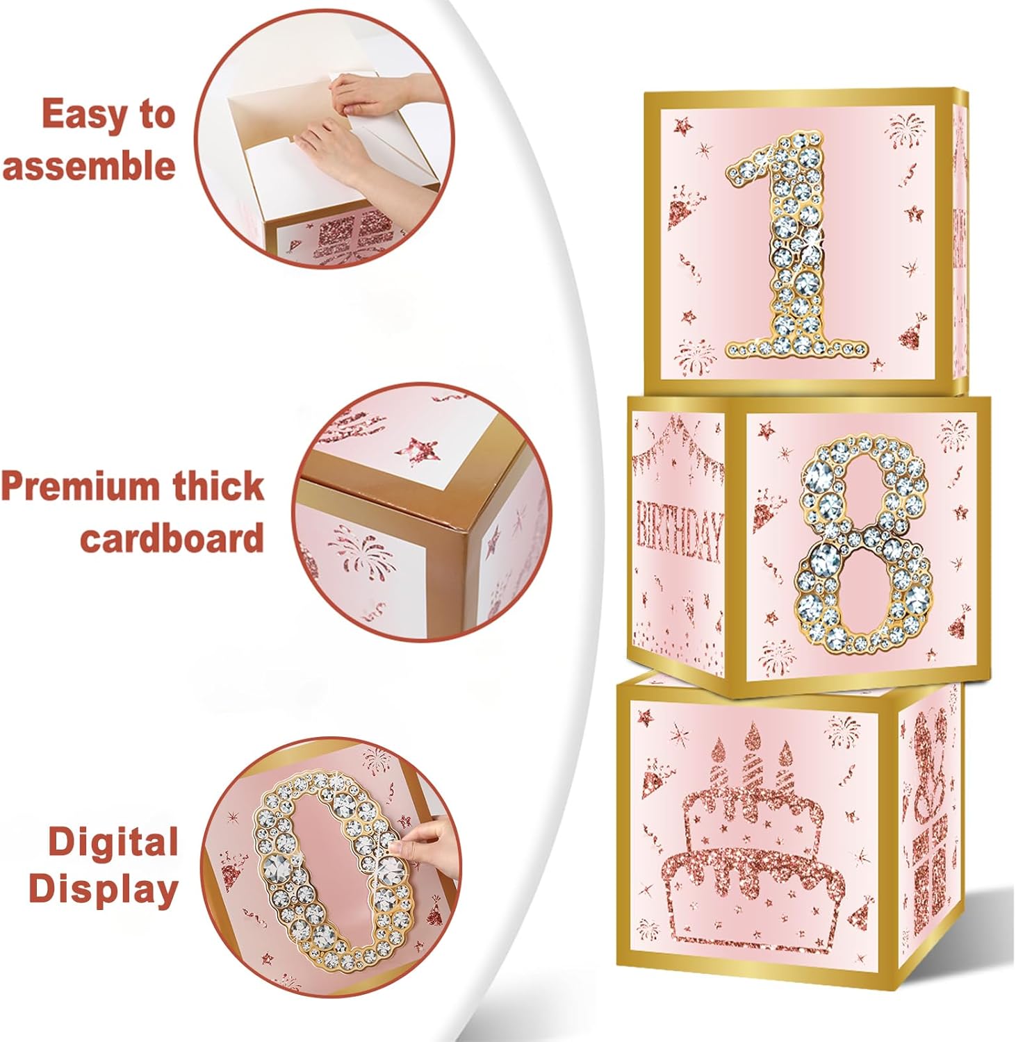 Birthday Decorations Boxes With 0-9 Numbers 3PCS Pink Rose Gold Happy Birthday Balloons Boxes