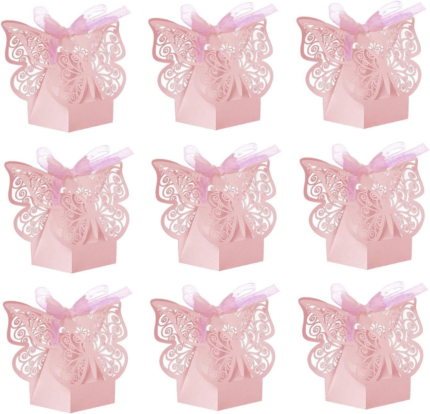JANOU 24pcs Butterfly Candy Boxes DIY Paper Box with Ribbons Pink