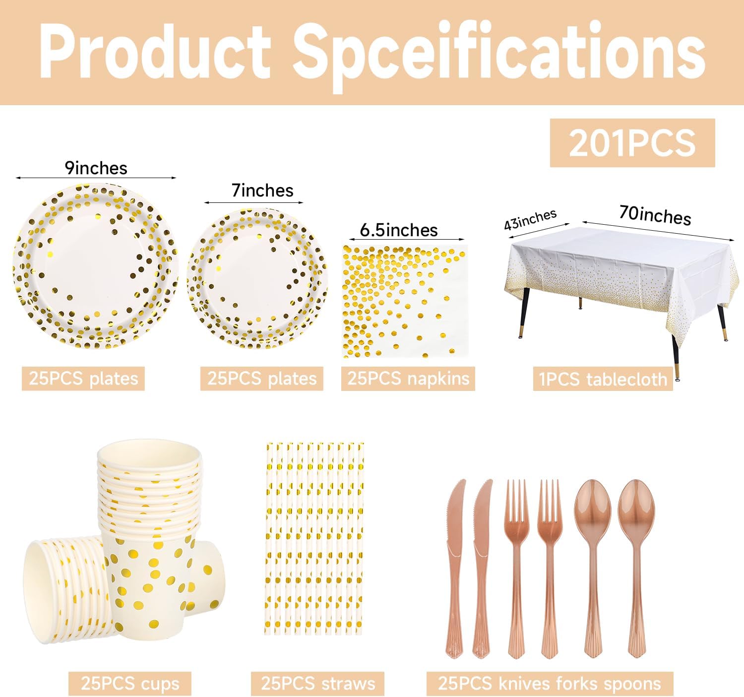 201PCS White Gold Polka Dot Party Supplies for 25 Guests
