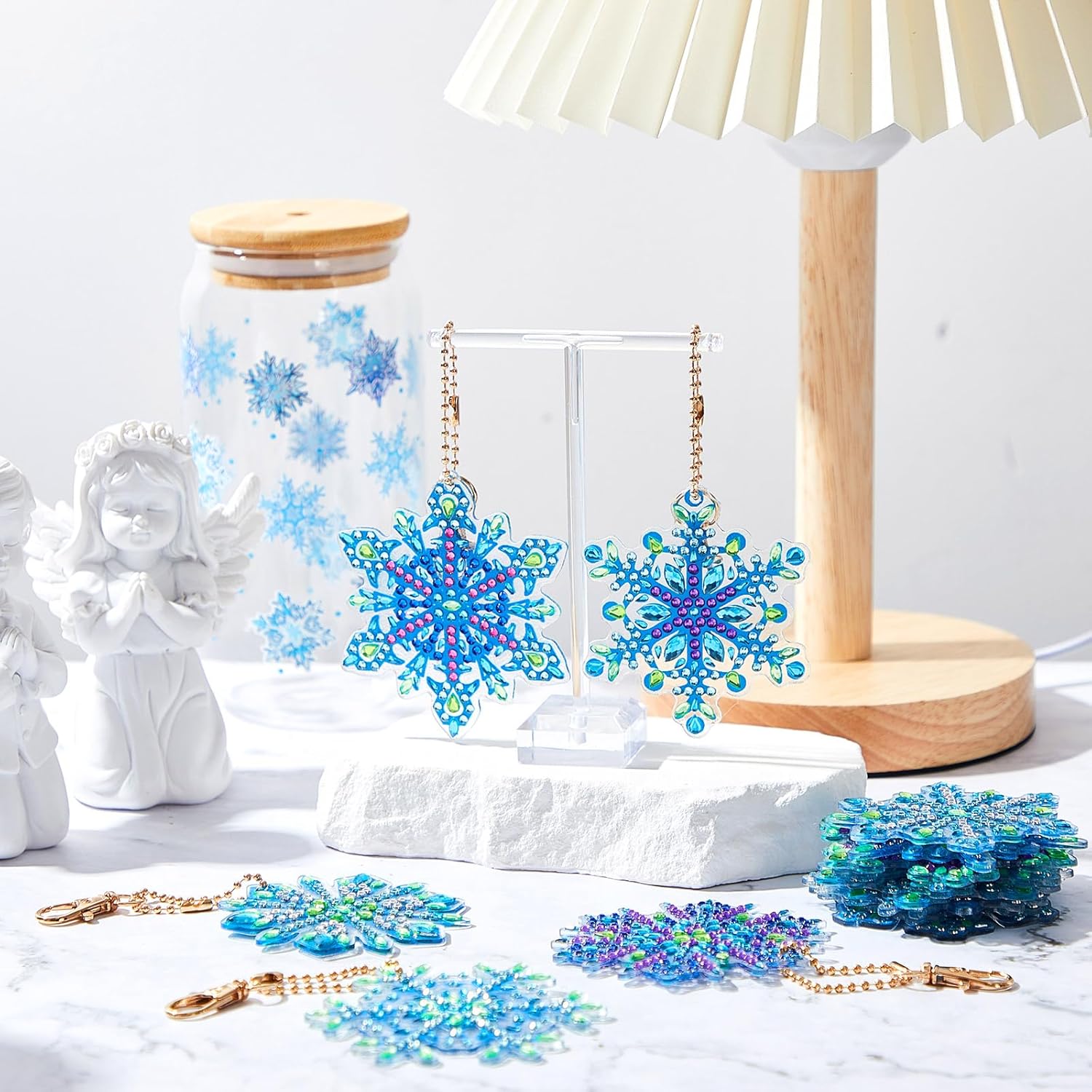 Equsion 50 Pcs Winter Snowflake Diamond Painting Keychains Kit